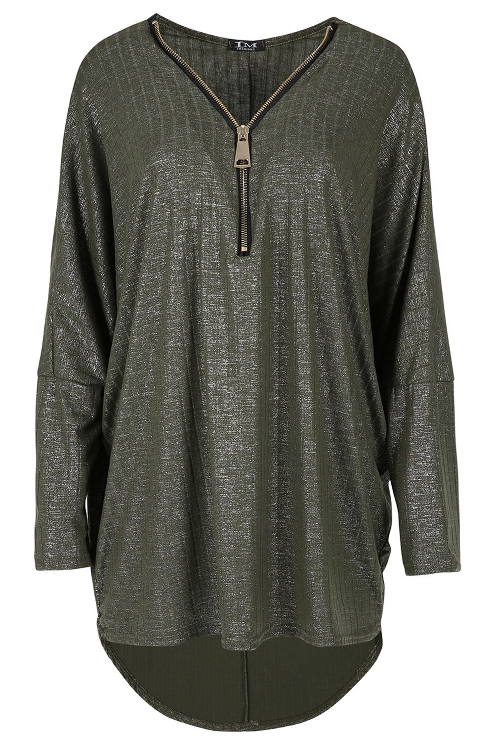 Womens Ladies Batwing Sleeve Lagenlook Front Zip Up Oversized Baggy High Low Top