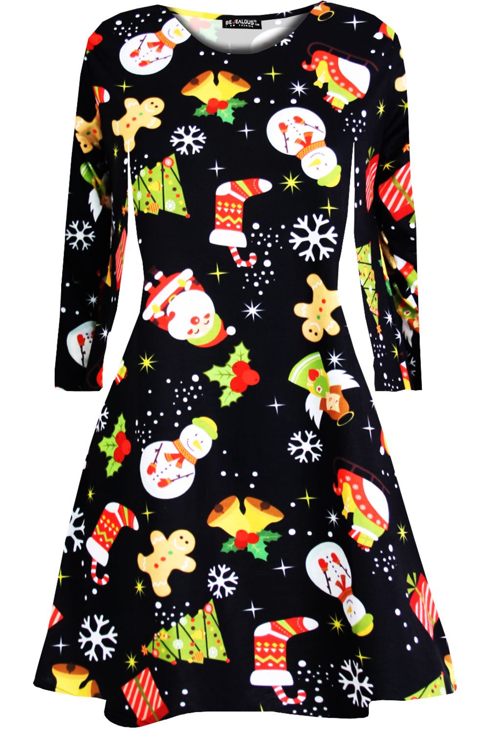 Kids Christmas Printed Casual Long Sleeve Girls Xmas Flared Mini Swing Dresses - Picture 5 of 30