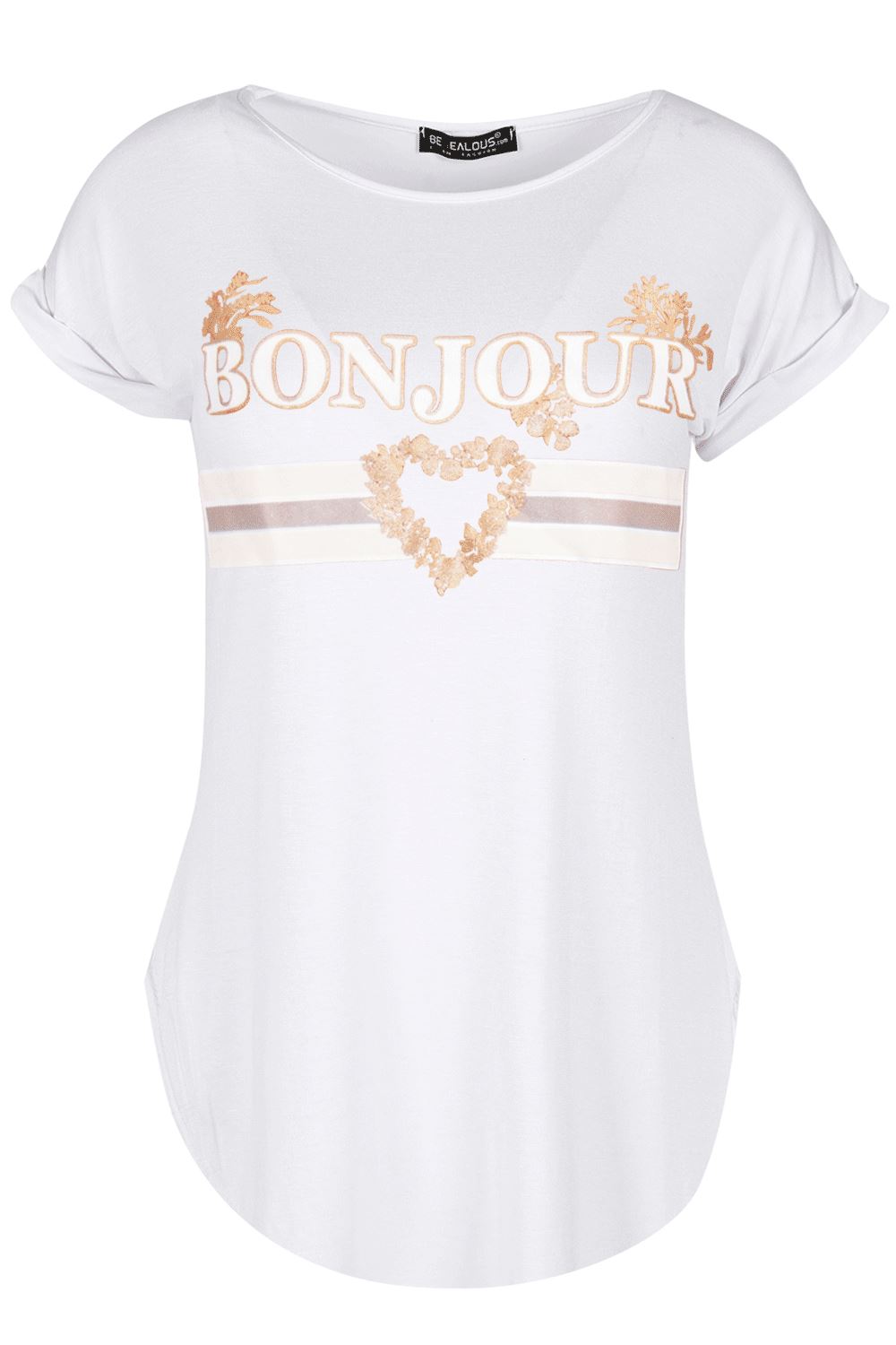 Womens Ladies Turn Up Sleeve Round Neck Curved Hem Bonjour Jersey T-Shirt Top - Picture 5 of 49