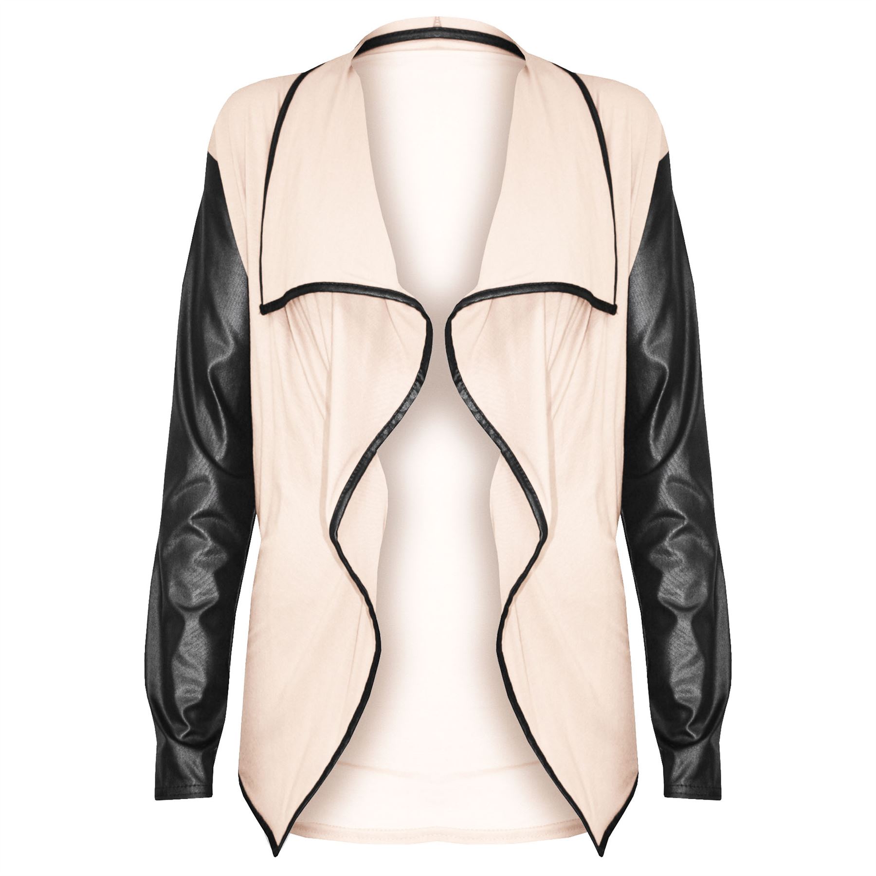 Ladies Womens Long Sleeve PVC Look Wet Open Waterfall Cardigan Blazer Top