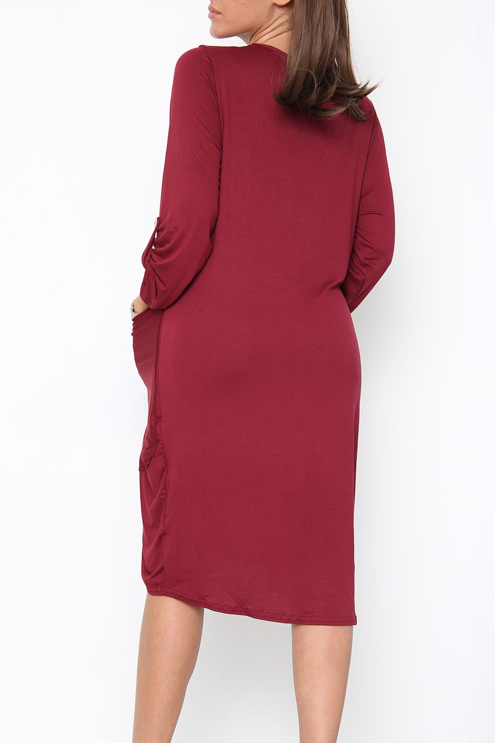 Women Side Pockets Fleece Baggy Ladies High Low Turn Up Sleeve Sweatshirt Dress - Picture 7 of 16