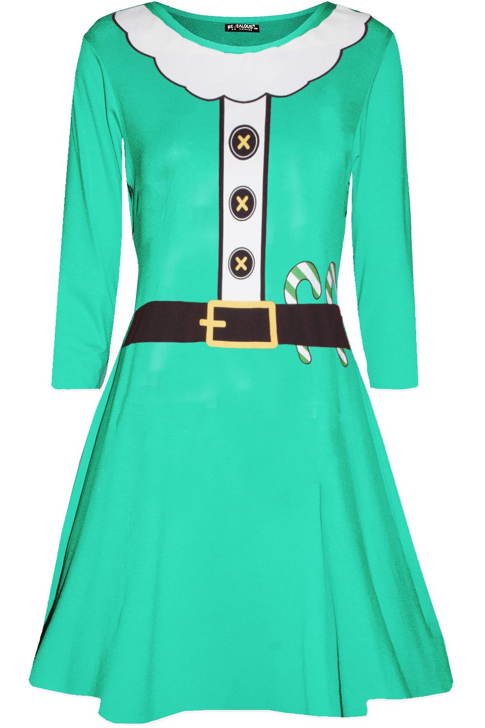 Girls Kids Christmas Santa Elf Costume Round Neck Long Sleeve Flared Swing Dress - Picture 9 of 9