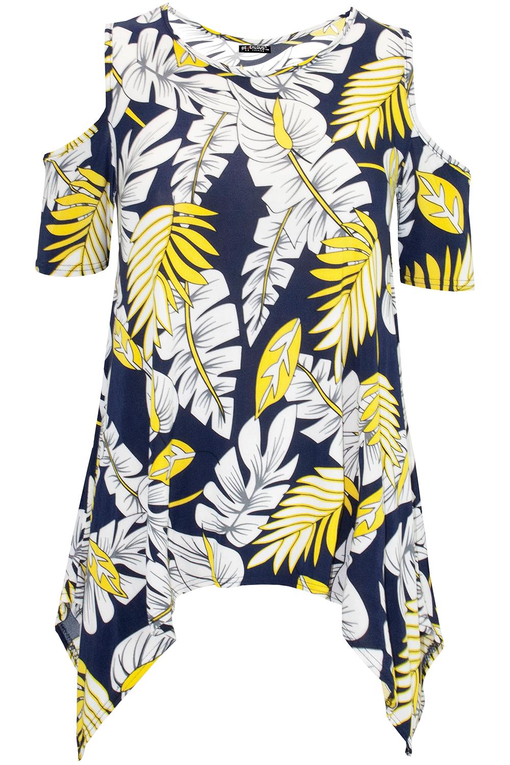 Womens Ladies Floral Long Sleeve Wide Strap Cold Cut Out Shoulder Hanky Hem Top - Picture 22 of 23