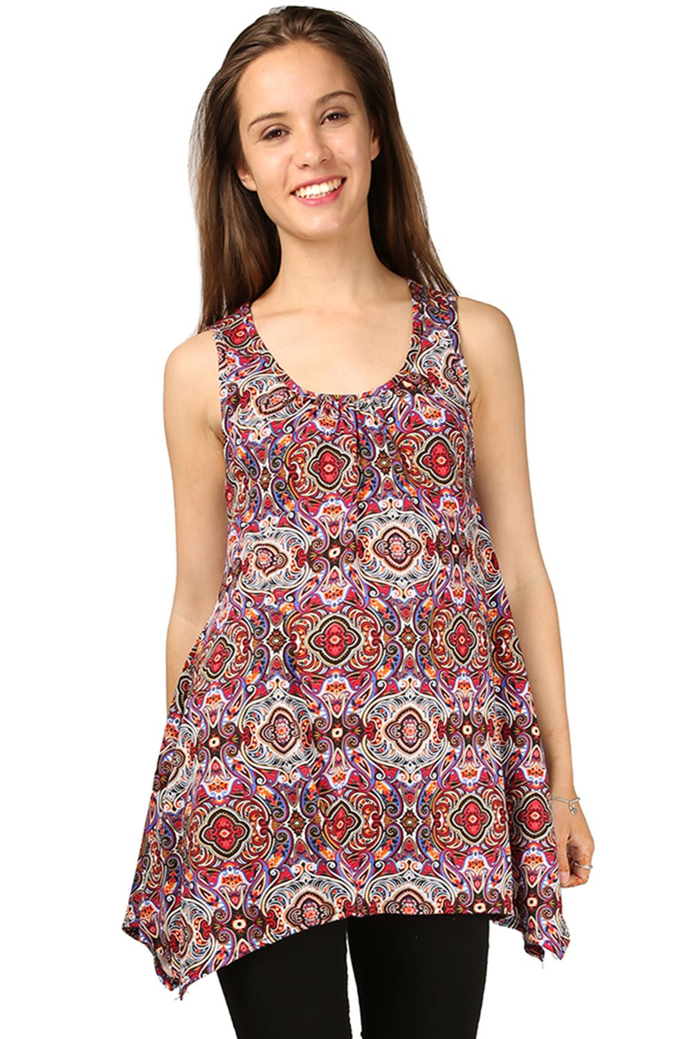 Womens Ladies Printed Ruched Sleeveless Flared Vest Swing Dress Top