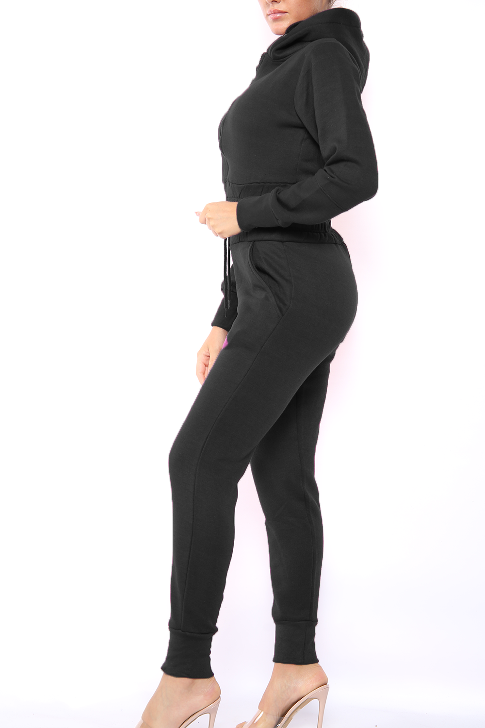 Womens Fleece Hooded Baggy Zip Crop Top Fleece Ladies Loungewear 2Pcs Trousers - Picture 6 of 16