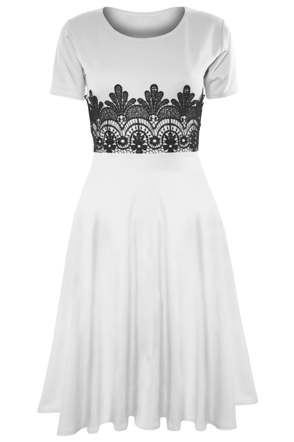 Womens Ladies Skater Dress Plain Belt Short Sleeve Flare Casual Swing