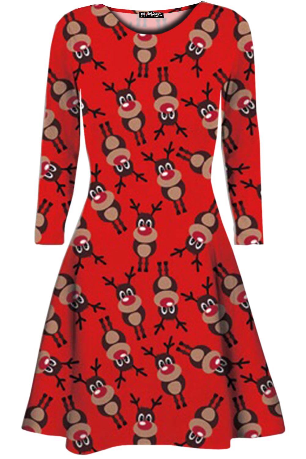 Kids Xmas Kissing Reindeer Snowflakes Aztec Print Christmas Girls Swing Dress - Picture 18 of 187