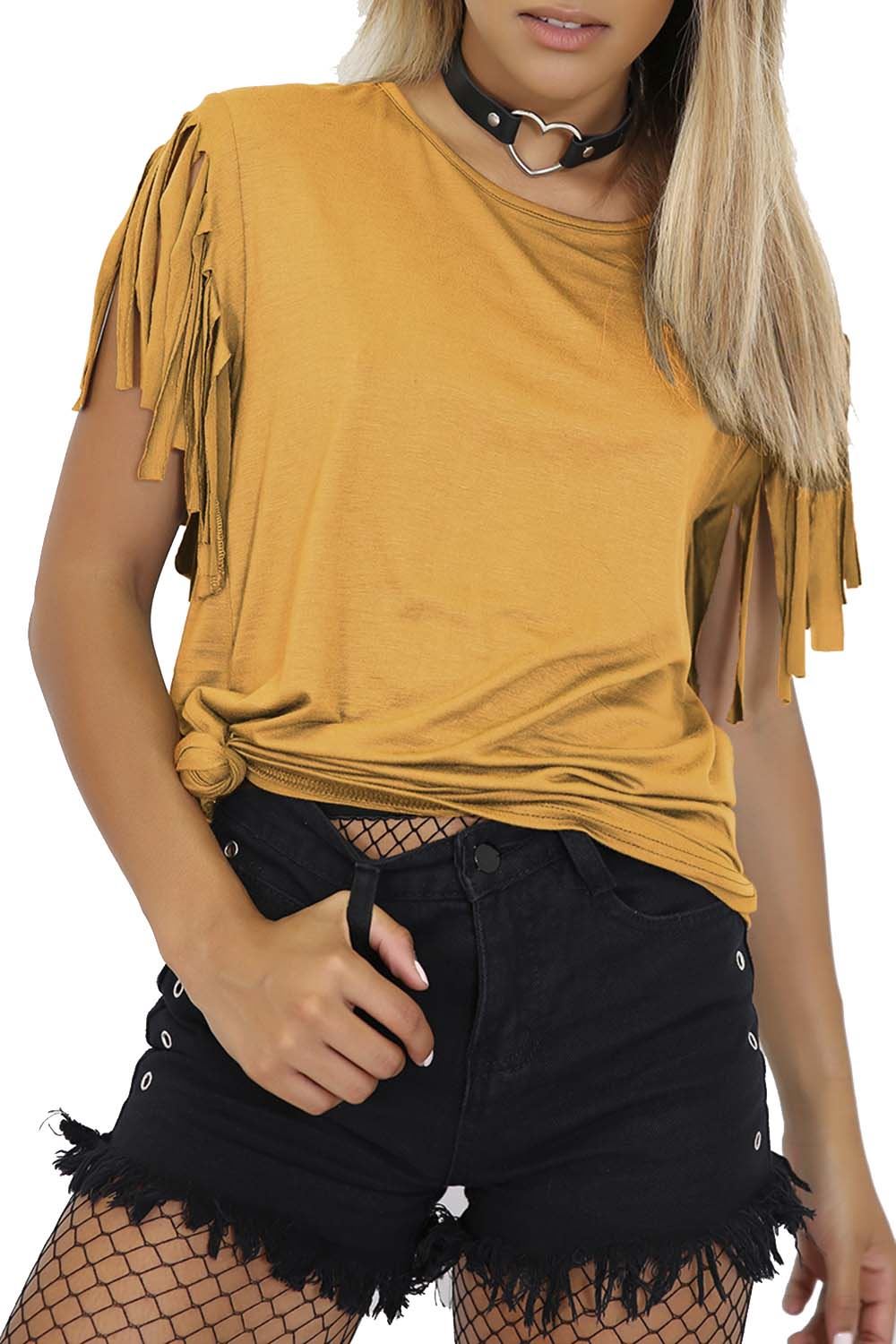 Womens Ladies Fringe Summer Loose Short Sleeve Blouse Casual Top Tee T Shirt - Picture 6 of 13