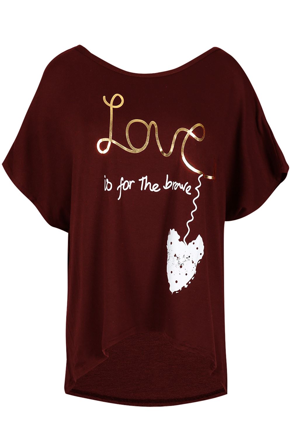 Ladies Oversized LOVE BRAVE HEART Printed Womens Baggy Batwing Hi Lo T Shirt Top - Picture 4 of 75