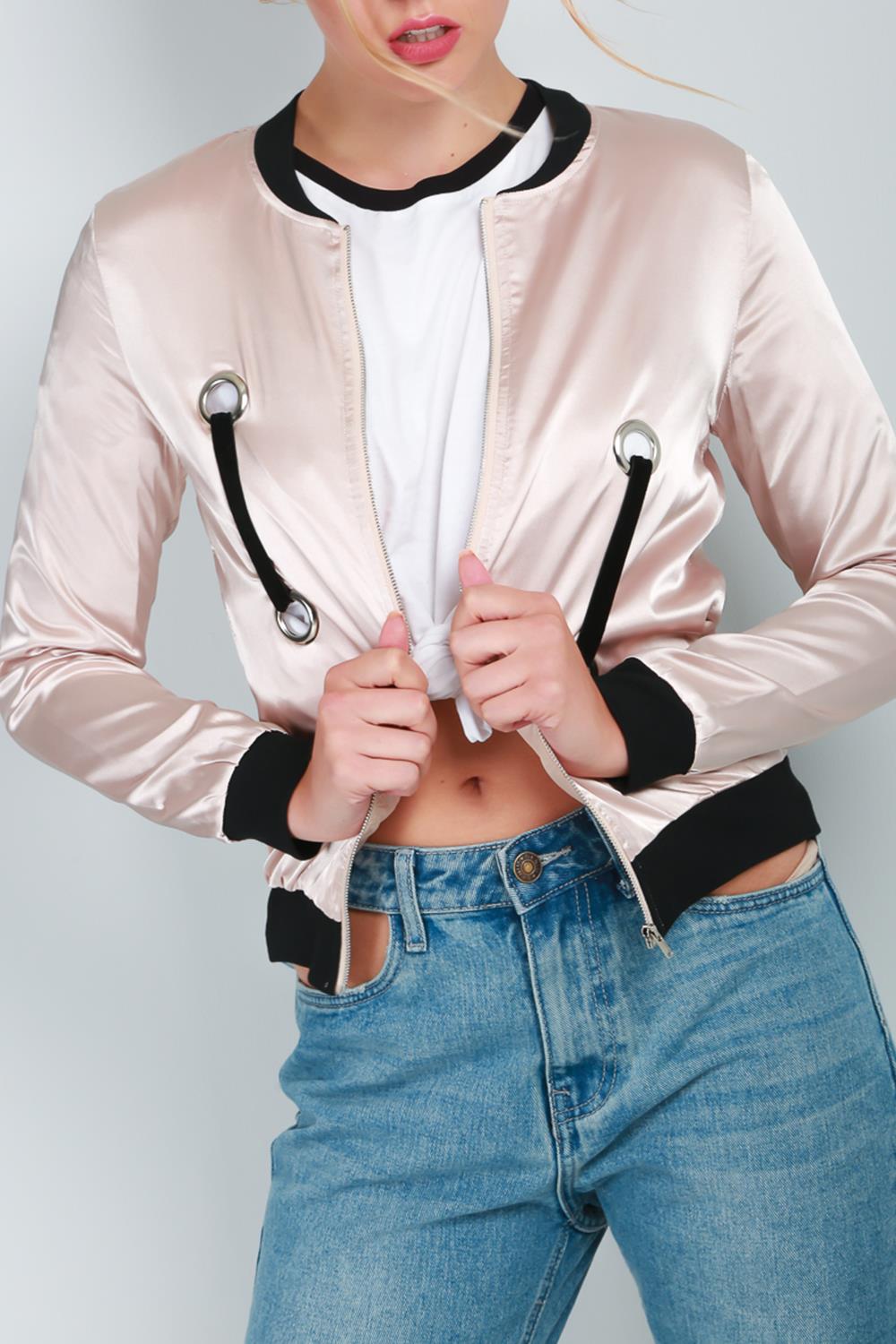 Ladies Women Baseball Collar Zip Up Eyelets Shiny Satin Biker Coat Bomber Jacket Ladies Women Baseball Collar Zip Up Eyelets Shiny Satin Biker Coat Bomber Jacket