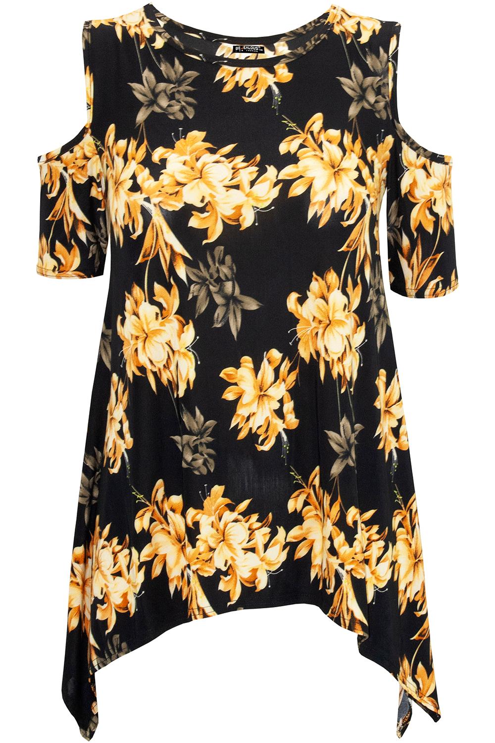 Womens Ladies Floral Long Sleeve Wide Strap Cold Cut Out Shoulder Hanky Hem Top - Picture 11 of 23