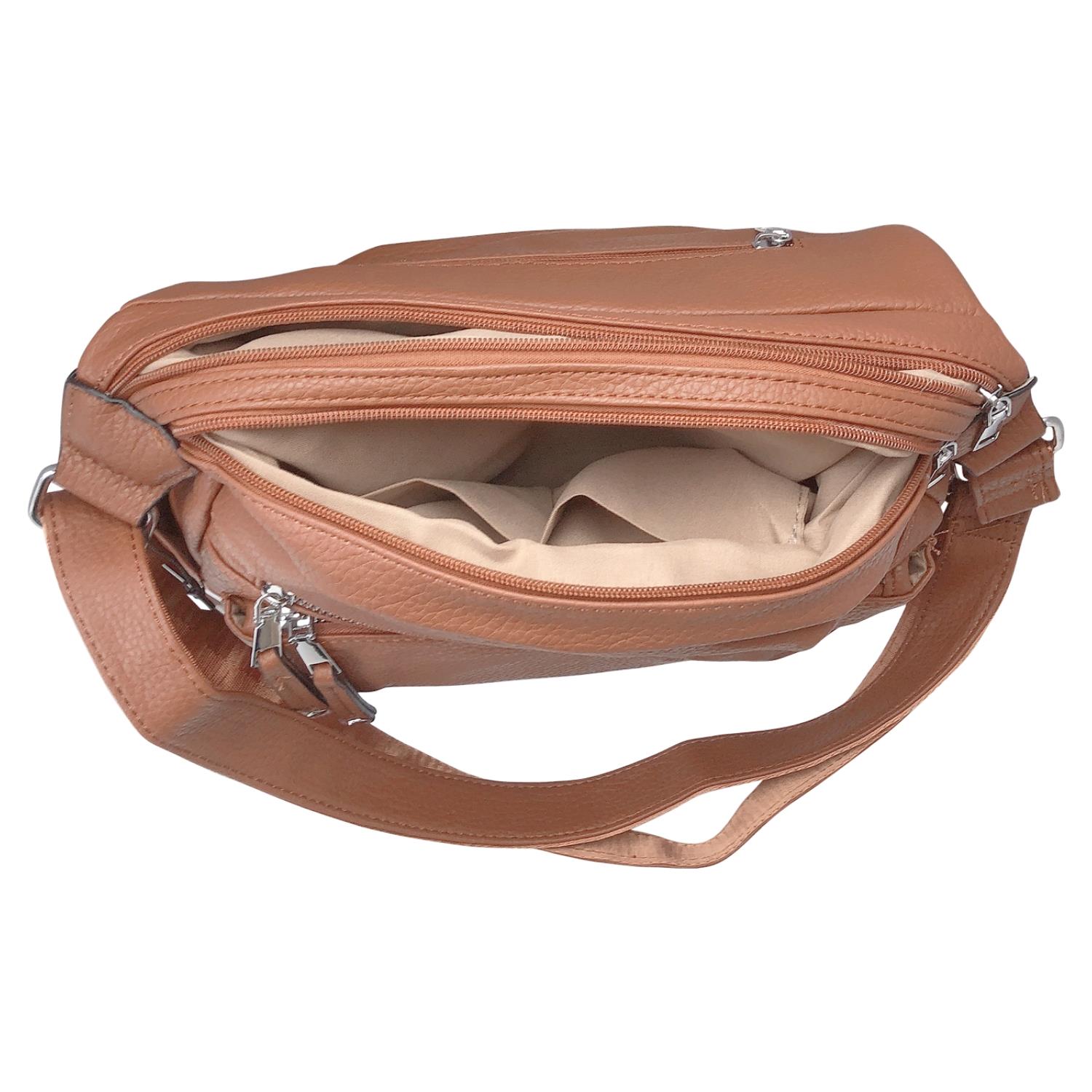 Ladies Tan Handbag Faux Leather Shoulder Bag with Multi Compartments & Strap - Picture 17 of 30
