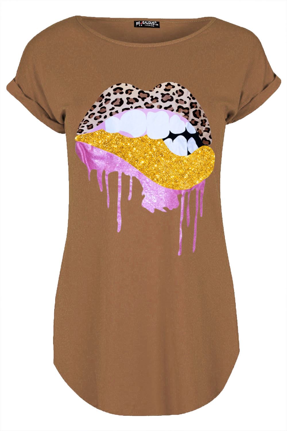 Womens Ladies Turn Up Cap Sleeve Glitter Biting Leopard Lips Curved Hem T Shirt - Picture 4 of 7