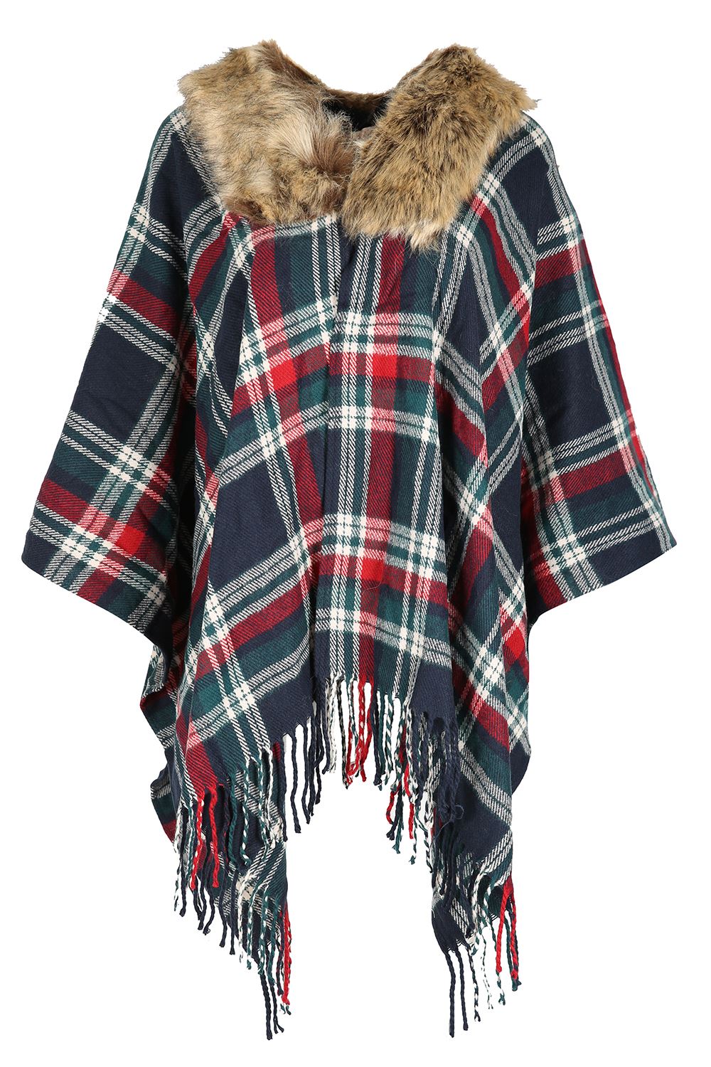 Womens Shawl Ladies Poncho Tartan Waterfall Fox Fur Collar Cape