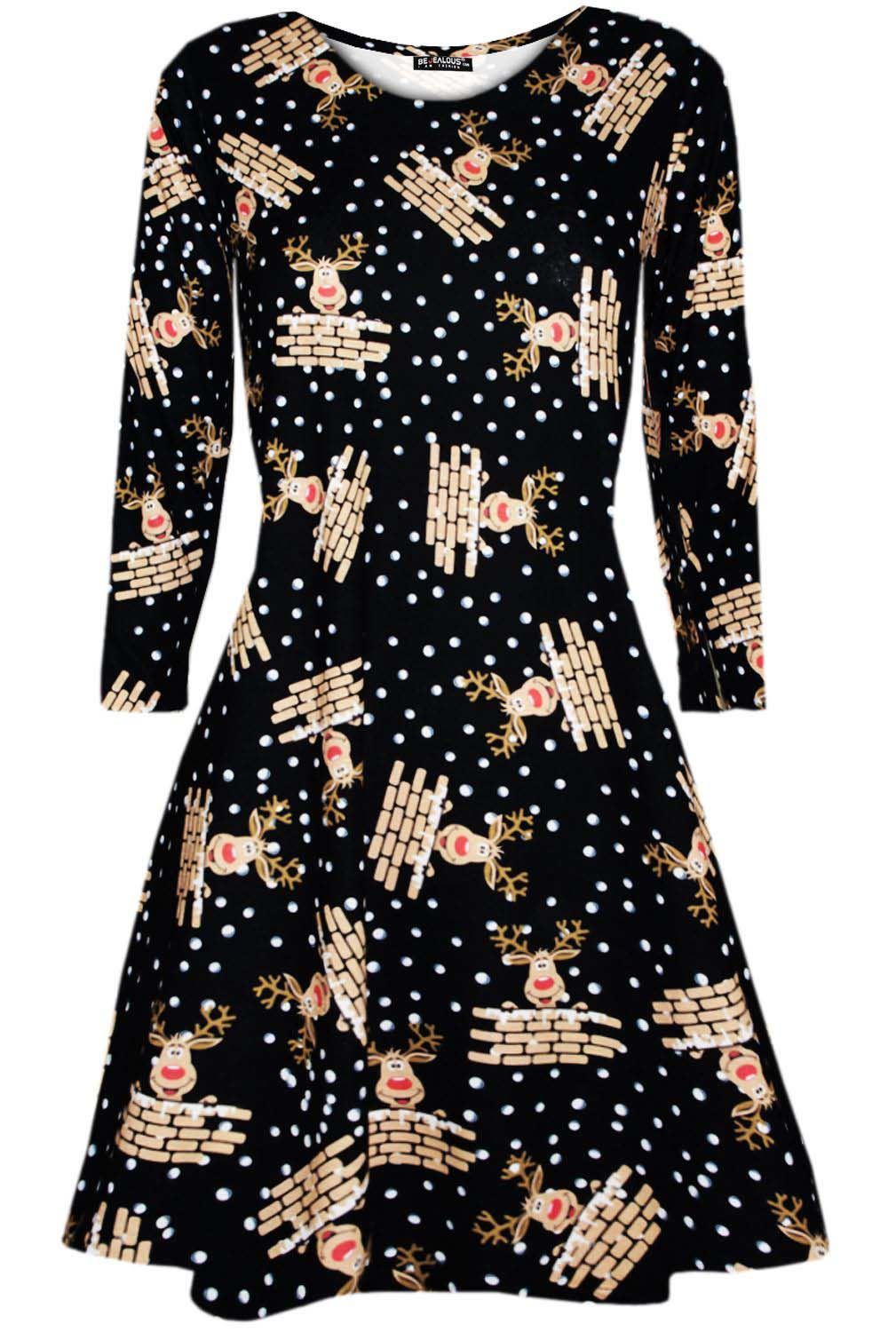 Kids Christmas Printed Casual Long Sleeve Girls Xmas Flared Mini Swing Dresses - Picture 23 of 30