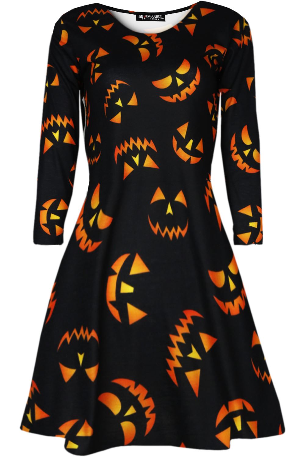 Ladies Long Sleeve Spider Skeleton Halloween Smock Pumpkin Womens Swing Dress - Picture 7 of 52