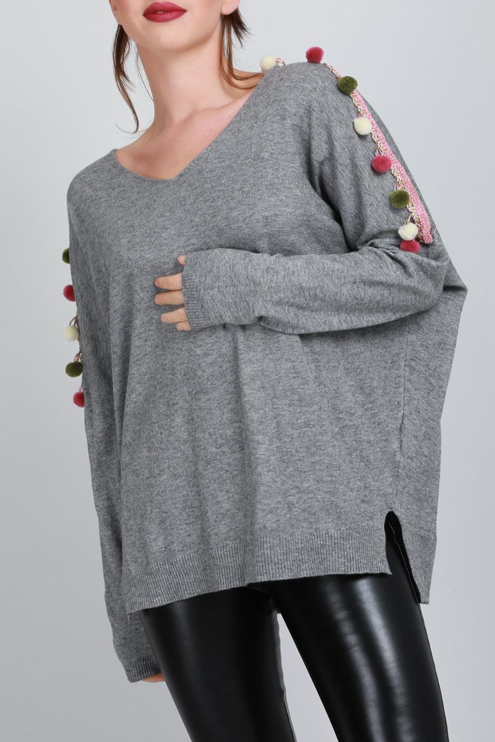 Femme Femmes Femmes Femmes POM POM épaule Surdimensionné Col V Pull Side Split Baggy Tee Top 9387c0 Femme Femmes Femmes Femmes POM POM épaule Surdimensionné Col V Pull Side Split Baggy Tee Top 9387c0