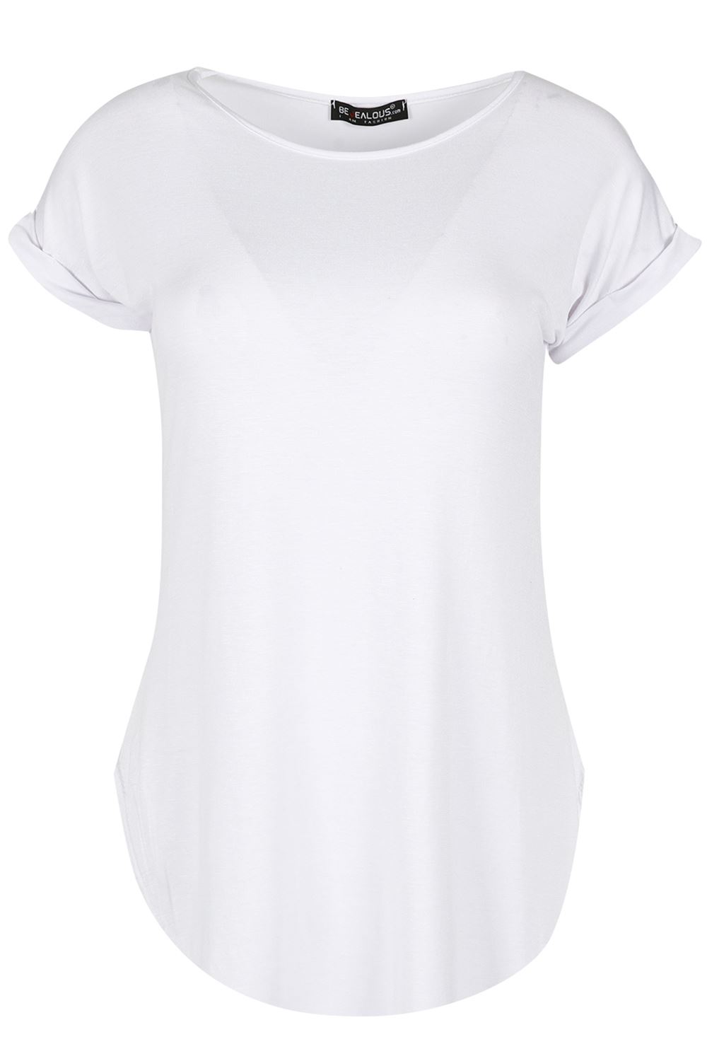 Womens Ladies Turn Up Sleeve Round Neck Curved Hem Bonjour Jersey T-Shirt Top - Picture 15 of 49