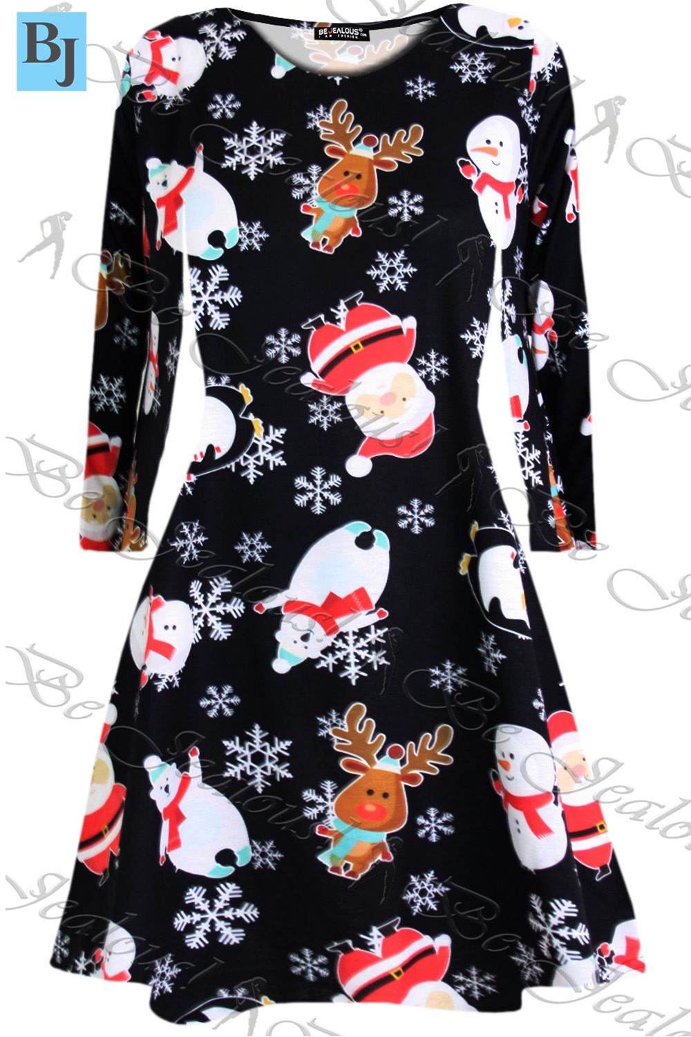 Kids Xmas Kissing Reindeer Snowflakes Aztec Print Christmas Girls Swing Dress - Picture 80 of 187