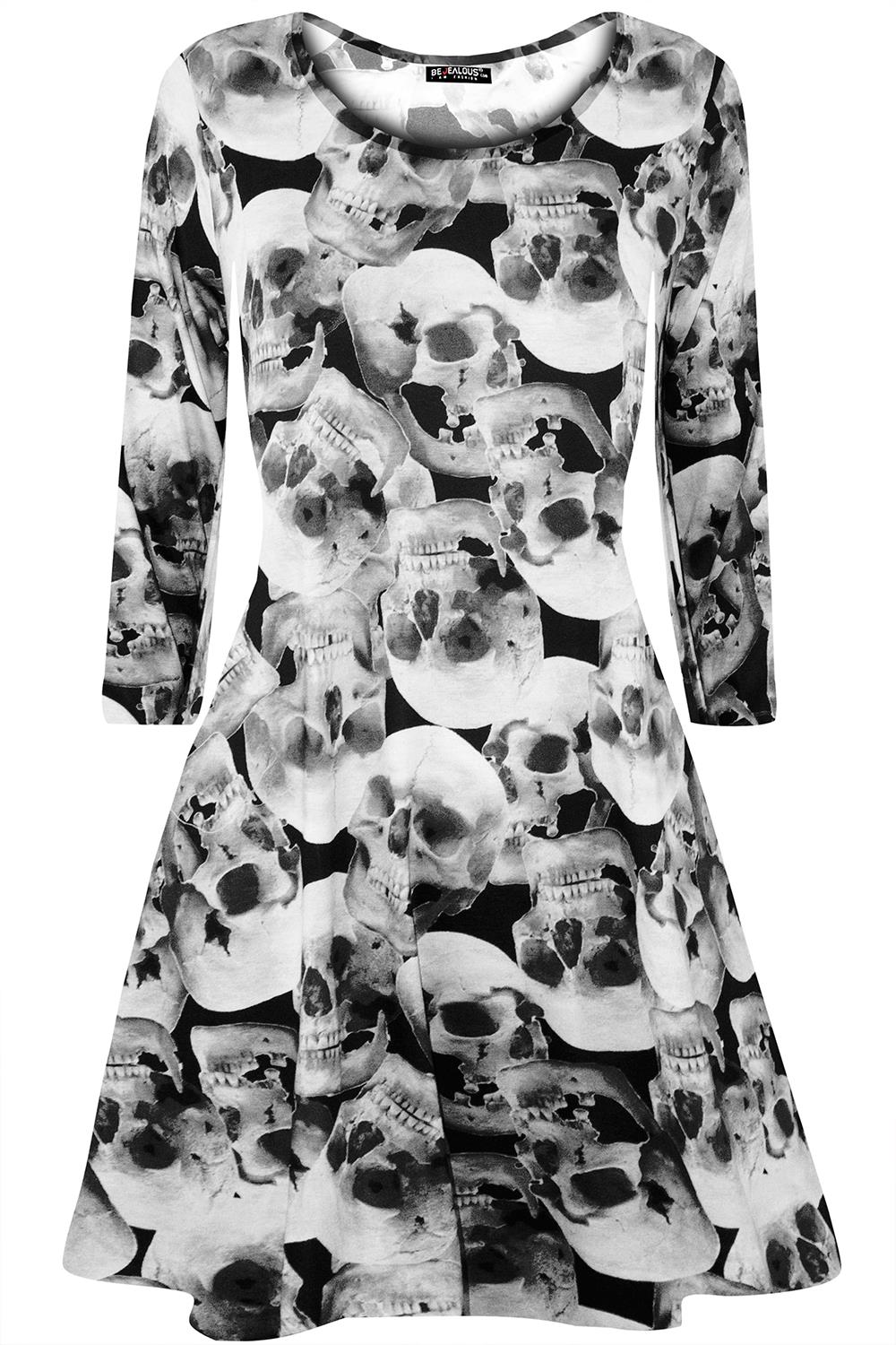 Ladies Womens Skeleton Spider Pumpkin Hallowen Skeleton Smock Swing Mini Dress - Picture 14 of 43