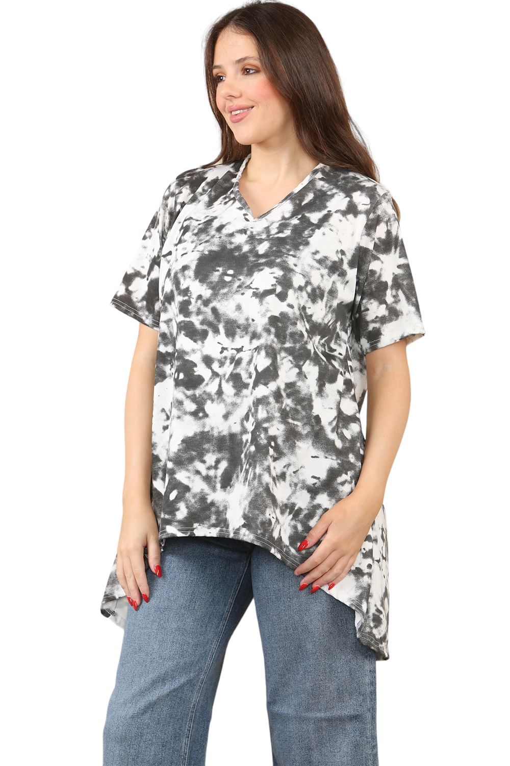 Womens Ladies V-Neck Short Sleeve Long Swing High Low Dipped Hem T-Shirt Top - Picture 25 of 40