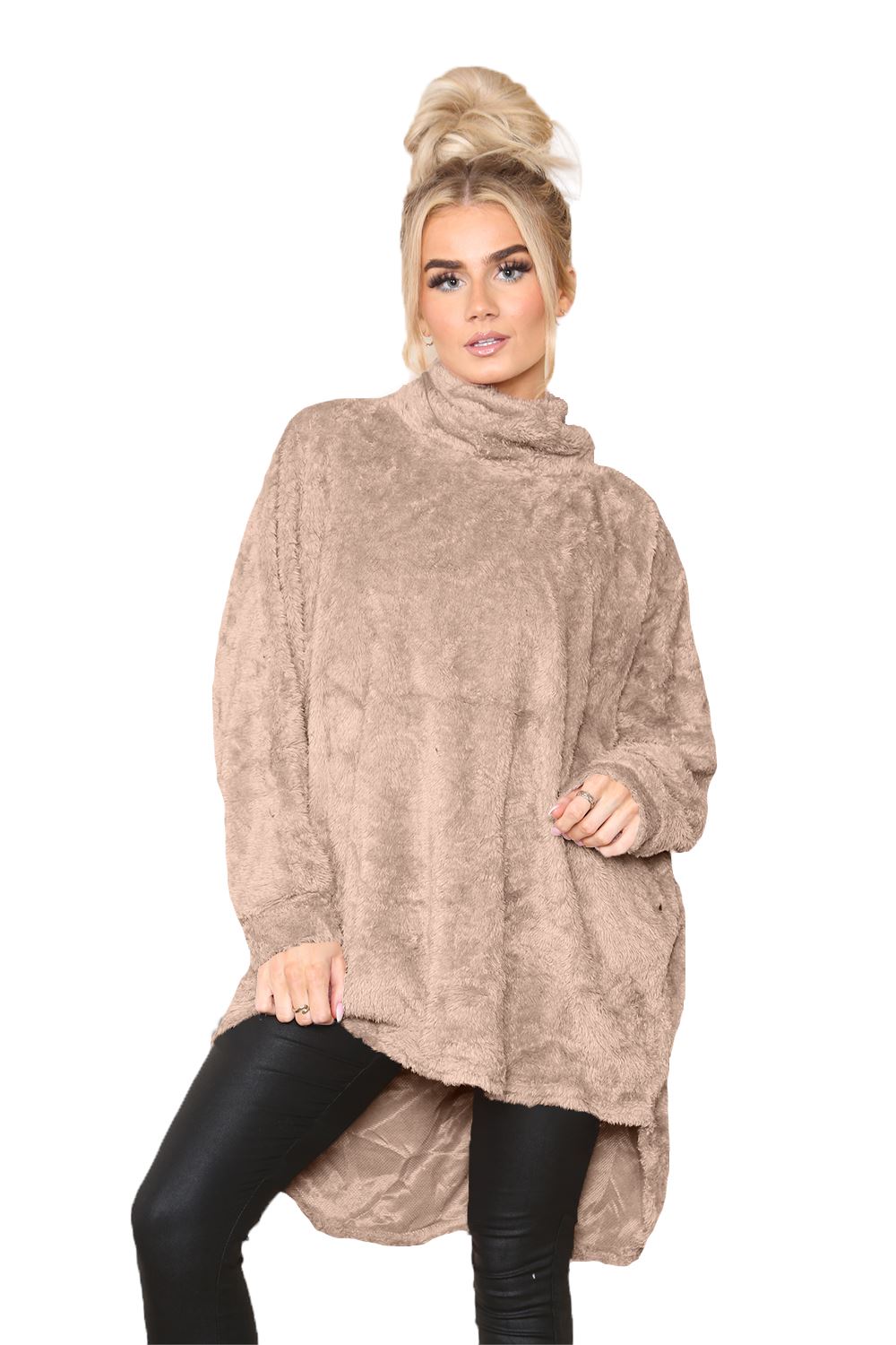 Womens Ladies Fleece Turtle Cowl Neck Baggy Long Sleeve Fluffy Faux Fur Jumper - Picture 5 of 12