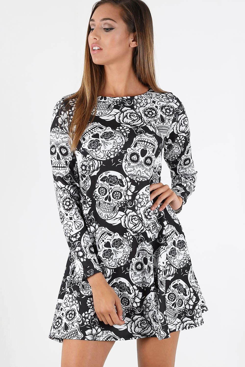 Ladies Womens Skeleton Spider Pumpkin Hallowen Skeleton Smock Swing Mini Dress - Picture 41 of 43
