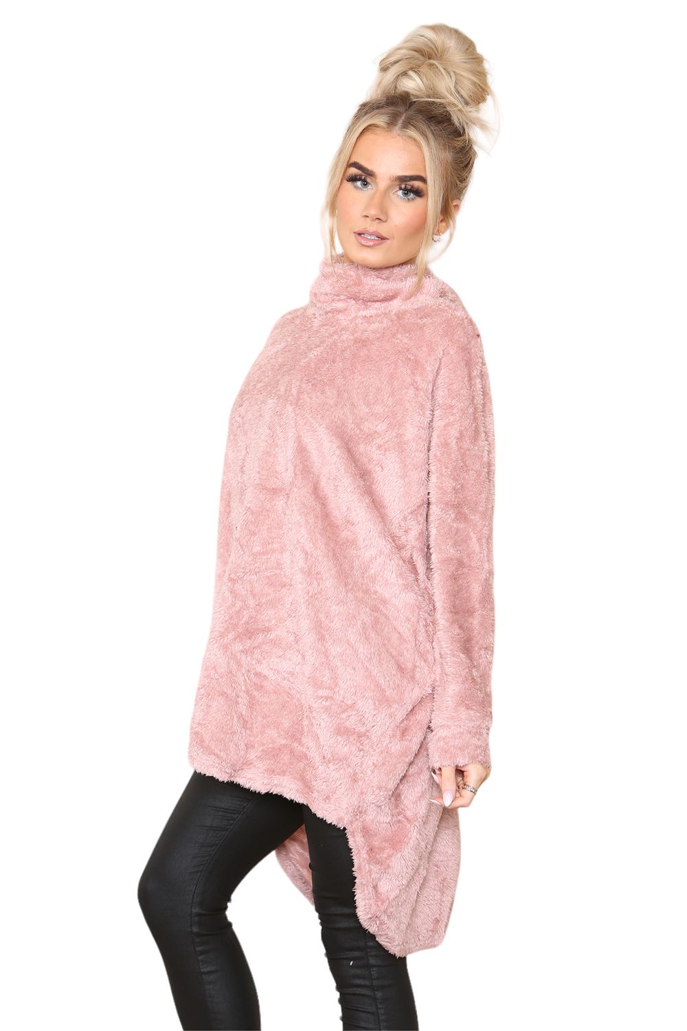 Womens Ladies Fleece Turtle Cowl Neck Baggy Long Sleeve Fluffy Faux Fur Jumper - Picture 7 of 12