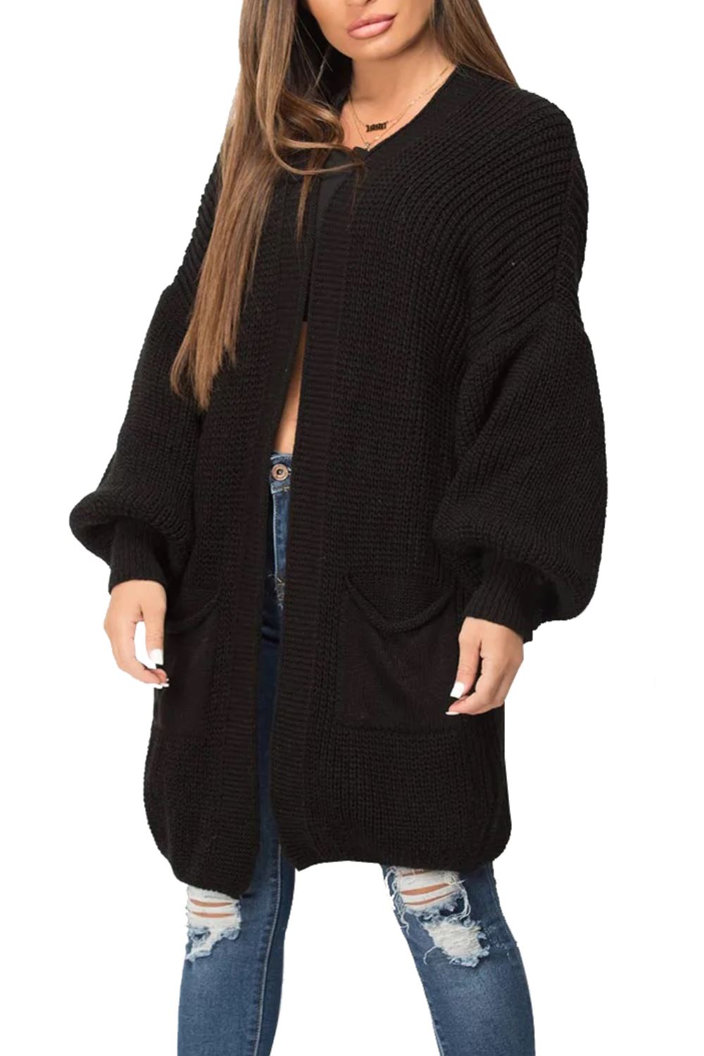 Womens Ladies Long Sleeve Pockets Oversize Open Front Chunky Rib Jumper Cardigan - Picture 2 of 12