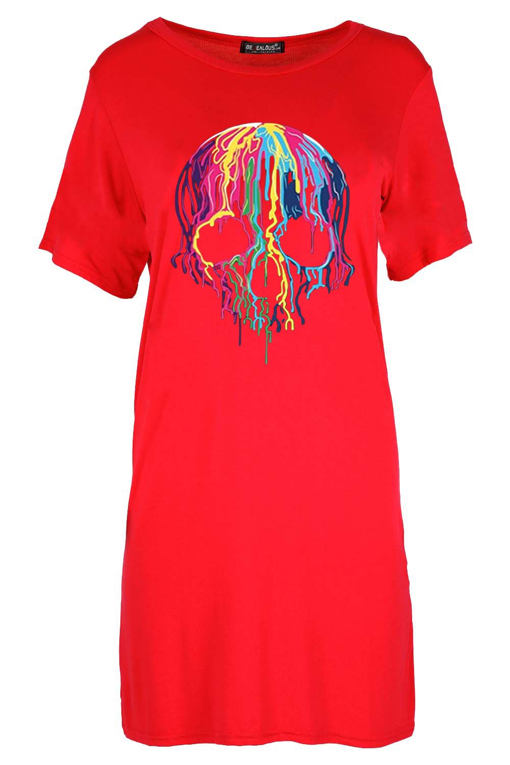 Women Round Neck Short Sleeve Tunic Halloween Multi Colour Skull T Shirt Dress - Picture 3 of 4