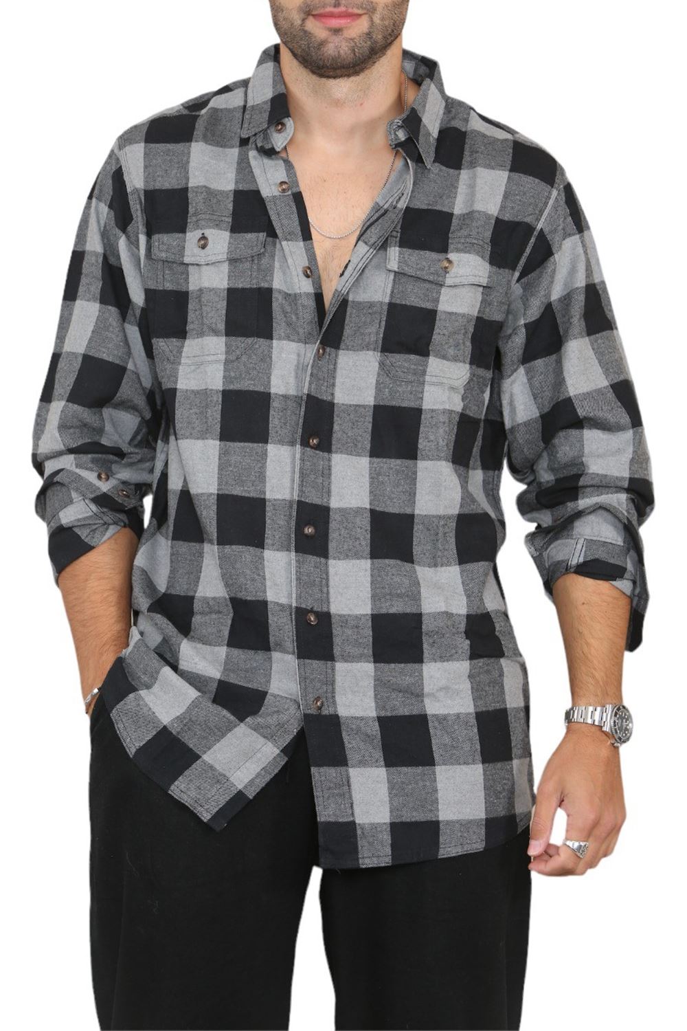 New Men Collared Causal Flannel Casual Long Sleeve Outdoor Shirt Plain Shirt UK - Picture 2 of 13