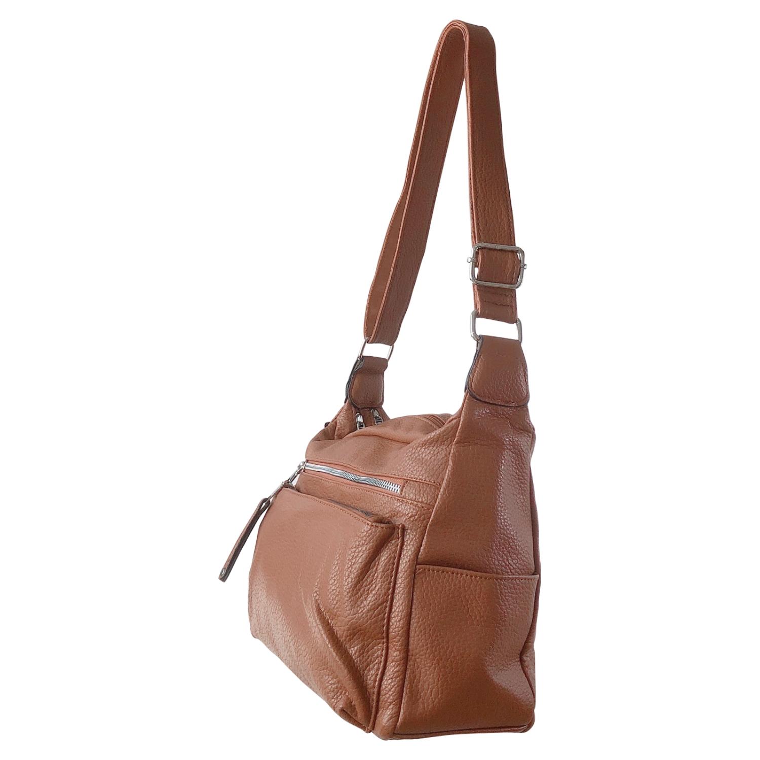 Ladies Tan Handbag Faux Leather Shoulder Bag with Multi Compartments & Strap - Picture 15 of 30