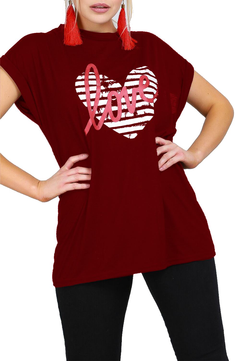 Womens Ladies Valentines Heart Love Print Baggy Turn Up Sleeve
