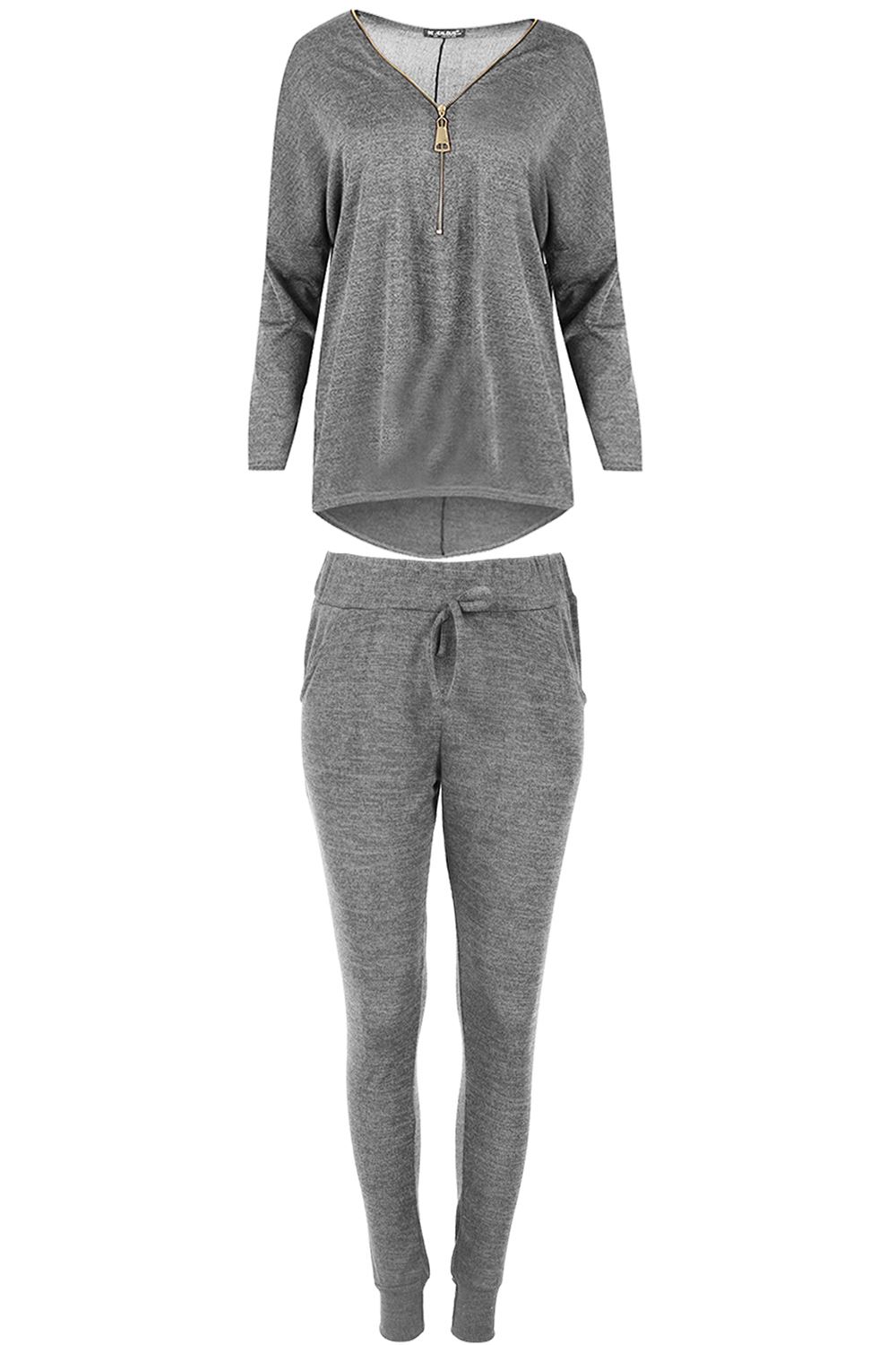 Ladies Tracksuit Womens Knitted Zip Up Laganlook Hi Lo Top Jogsuit