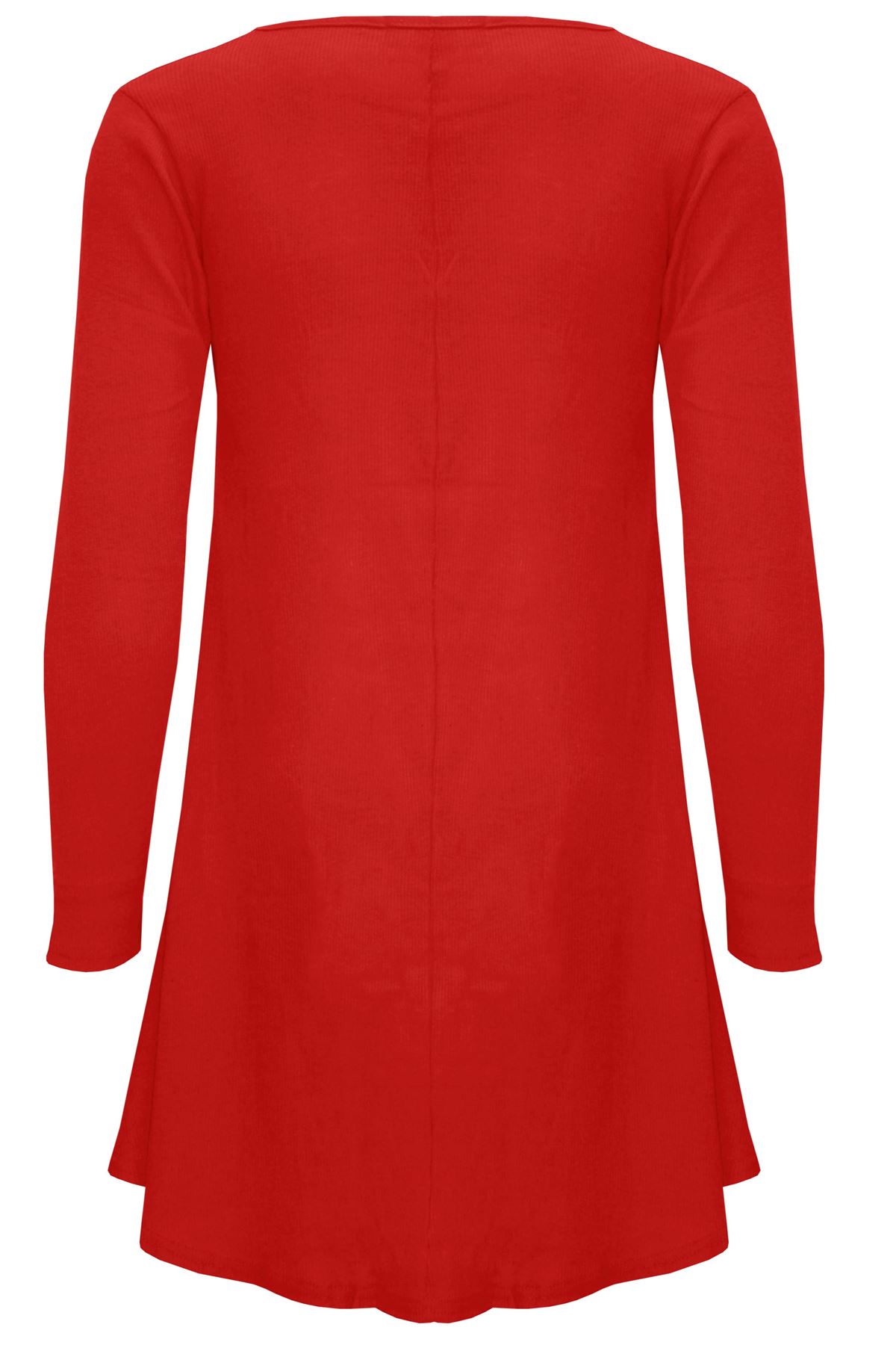 Womens Ladies Smock Ribbed Long Sleeve Stretchy A-Line Swing Flared Mini Dress - Picture 5 of 13