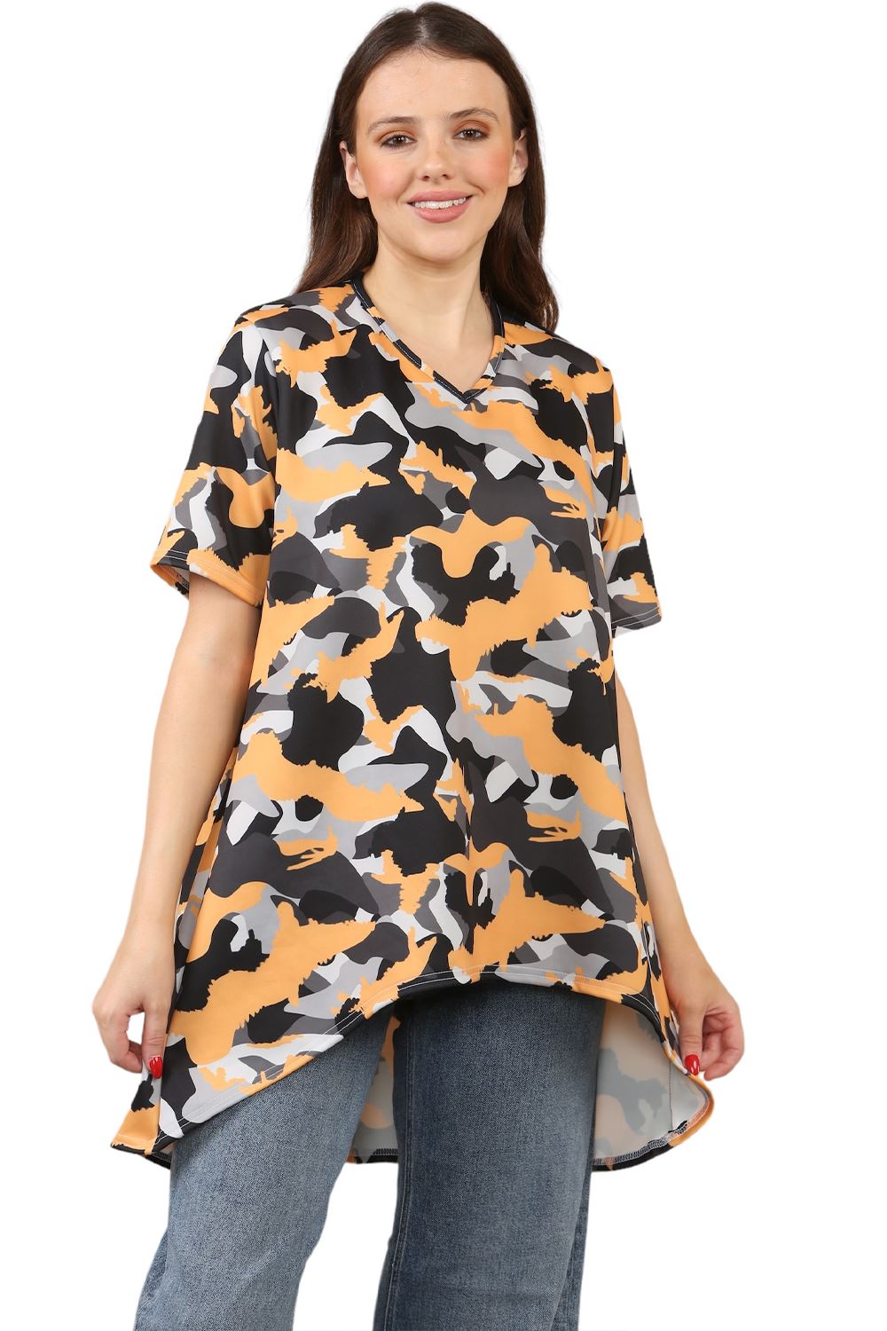Womens Ladies V-Neck Short Sleeve Long Swing High Low Dipped Hem T-Shirt Top - Picture 17 of 40