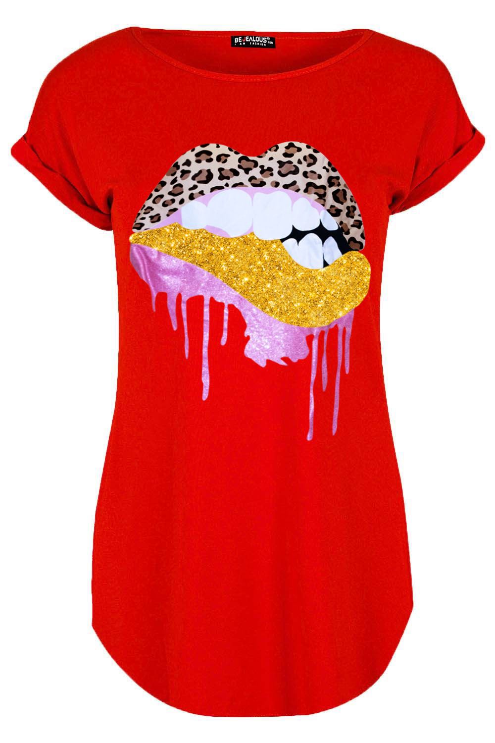 Womens Ladies Turn Up Cap Sleeve Glitter Biting Leopard Lips Curved Hem T Shirt - Picture 3 of 7