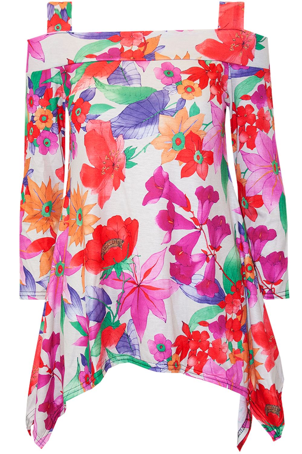 Womens Ladies Floral Long Sleeve Wide Strap Cold Cut Out Shoulder Hanky Hem Top - Picture 5 of 23