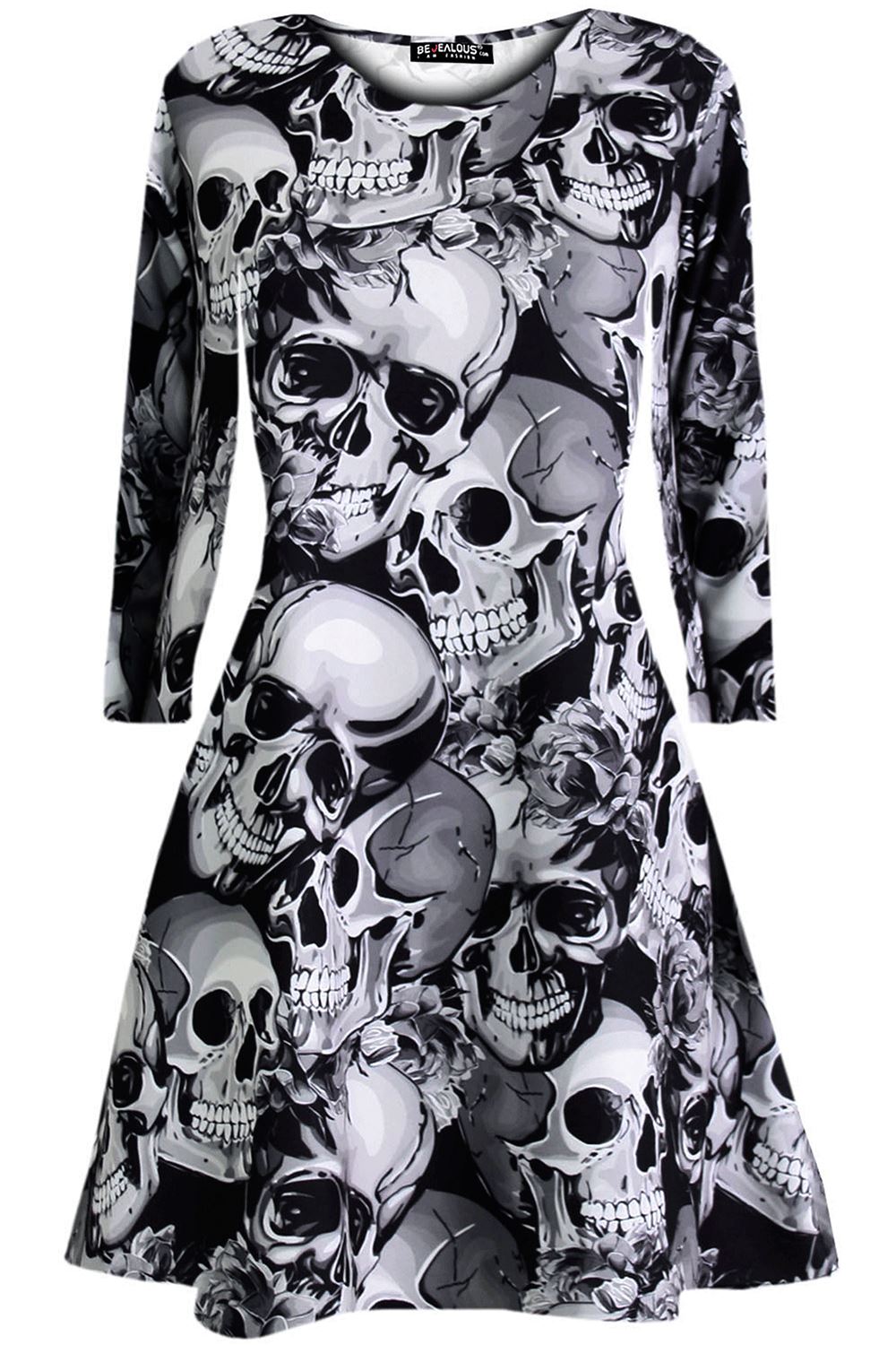 Ladies Womens Skeleton Spider Pumpkin Hallowen Skeleton Smock Swing Mini Dress - Picture 15 of 43