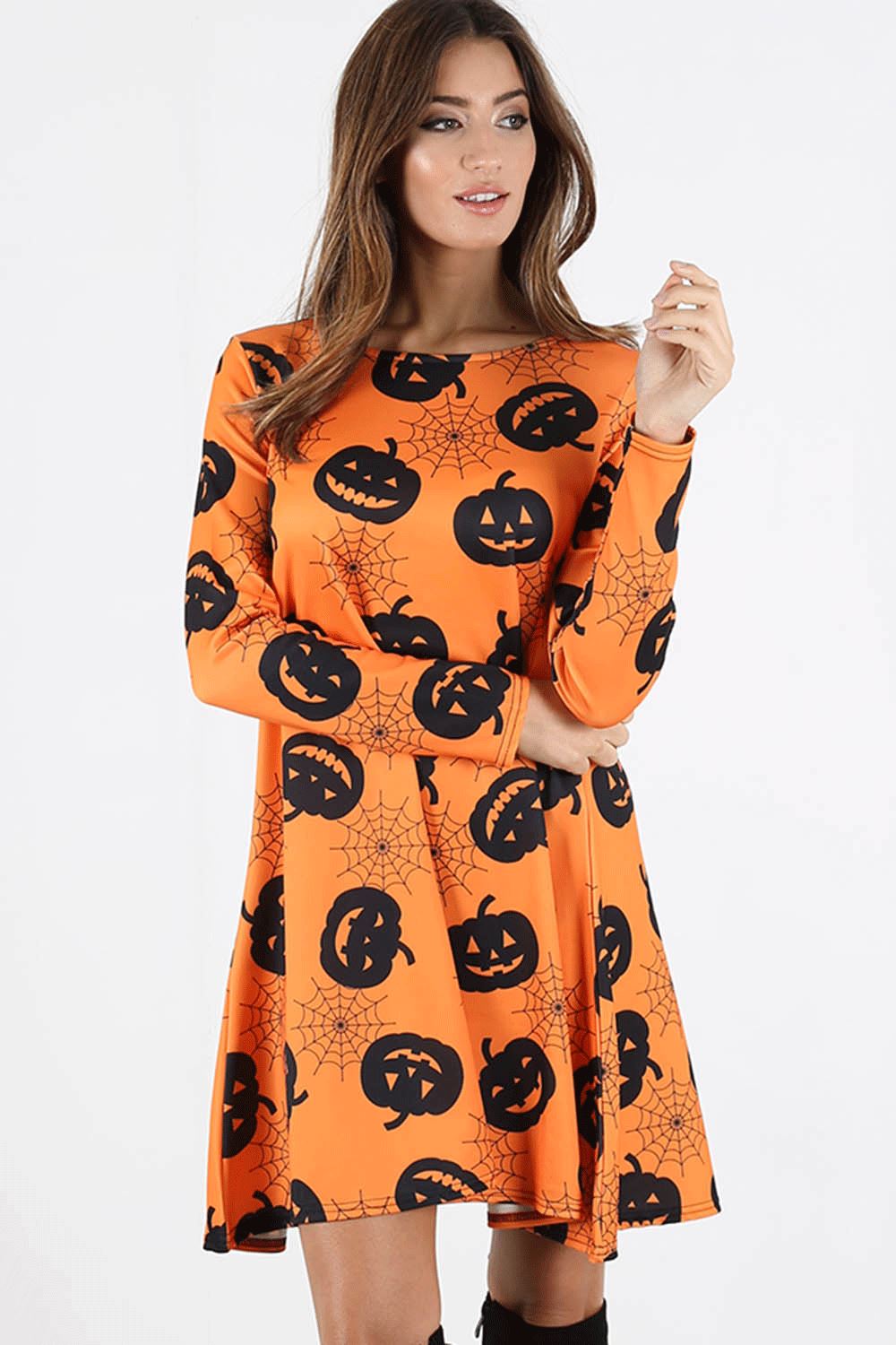 Ladies Womens Skeleton Spider Pumpkin Hallowen Skeleton Smock Swing Mini Dress - Picture 19 of 43