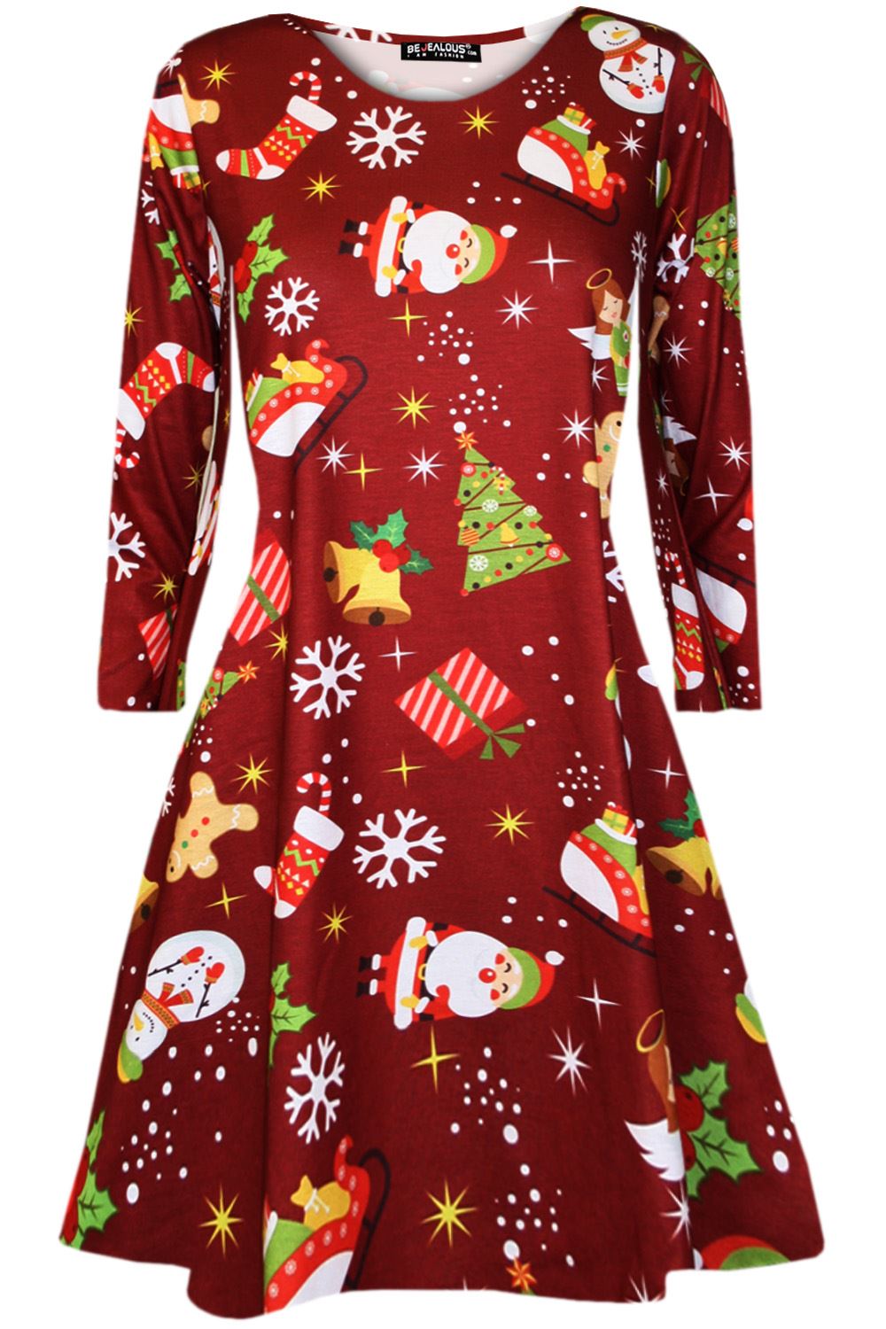 Kids Christmas Printed Casual Long Sleeve Girls Xmas Flared Mini Swing Dresses - Picture 8 of 30