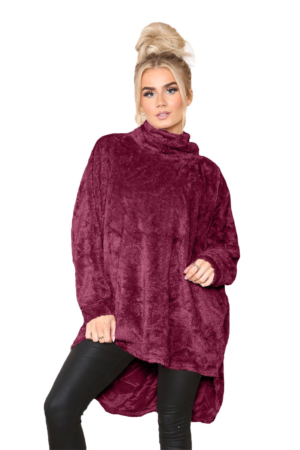 Womens Ladies Fleece Turtle Cowl Neck Baggy Long Sleeve Fluffy Faux Fur Jumper - Picture 4 of 12