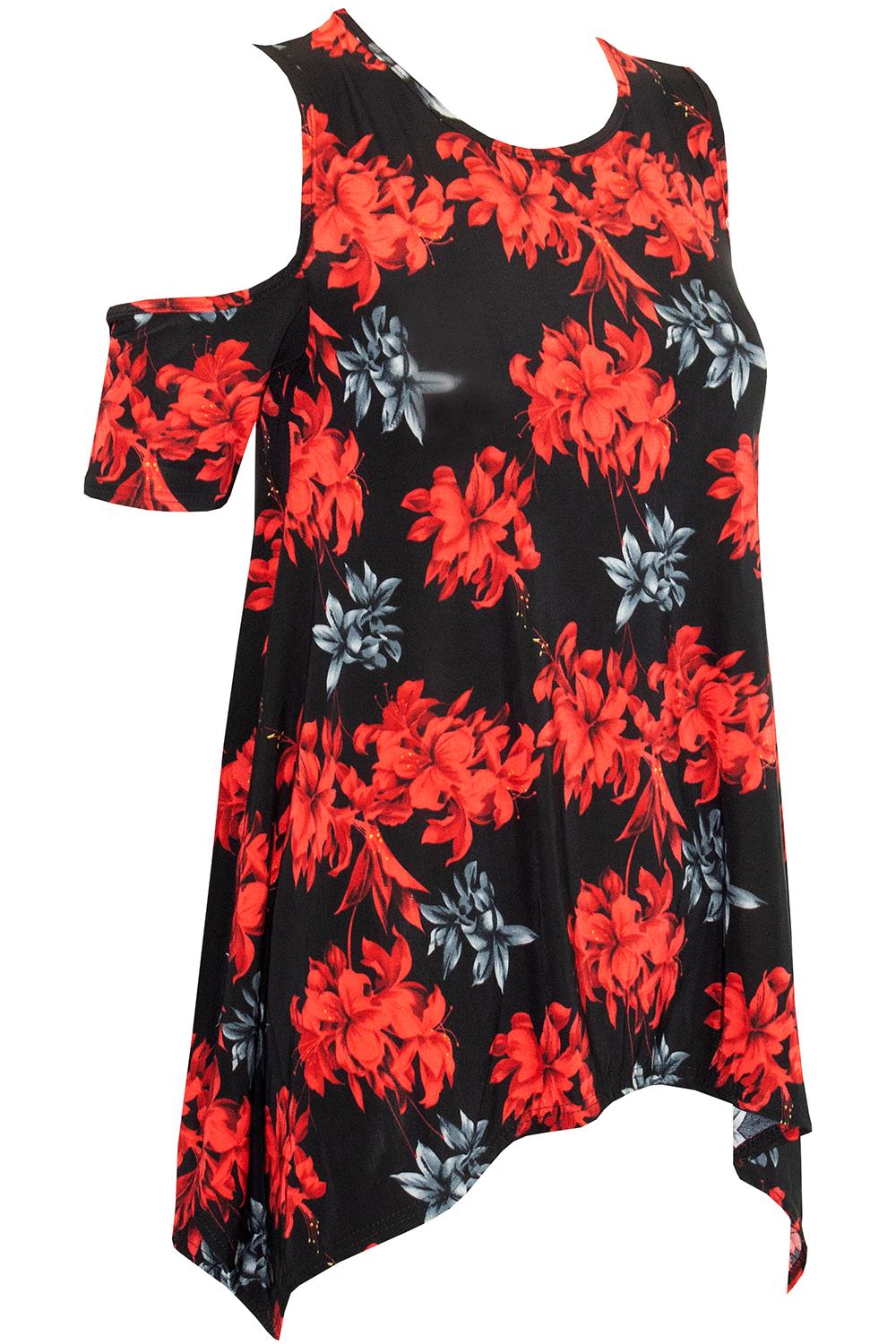 Womens Floral Cap Sleeve Ladies Cold Cut Shoulder Hanky Hem Baggy Oversized Top - Picture 30 of 58