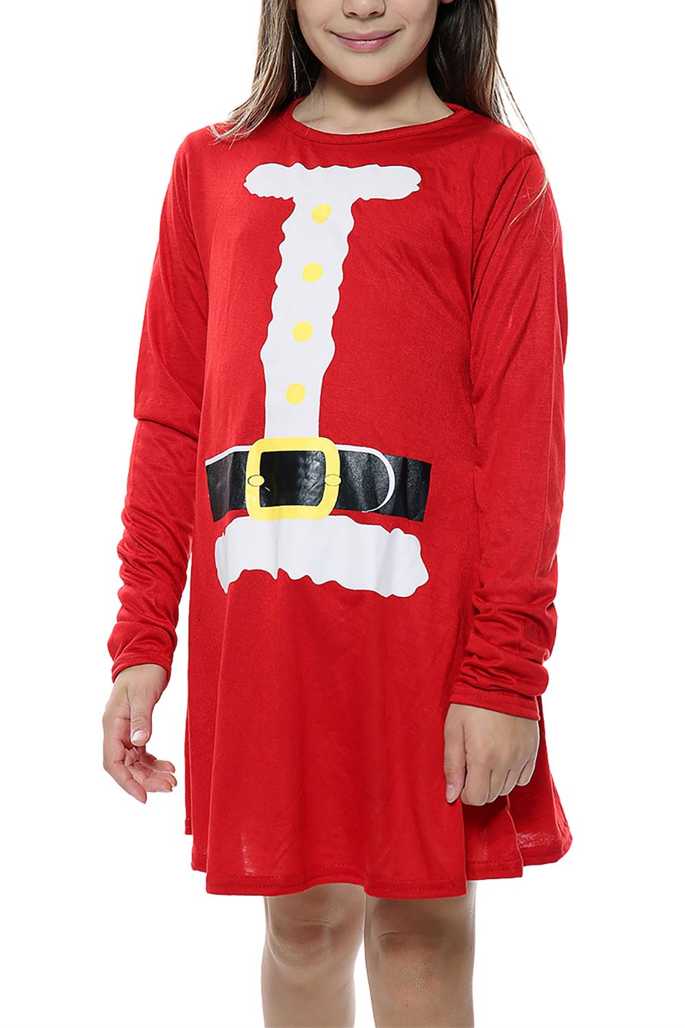 Girls Kids Christmas Santa Elf Costume Round Neck Long Sleeve Flared Swing Dress - Picture 2 of 9