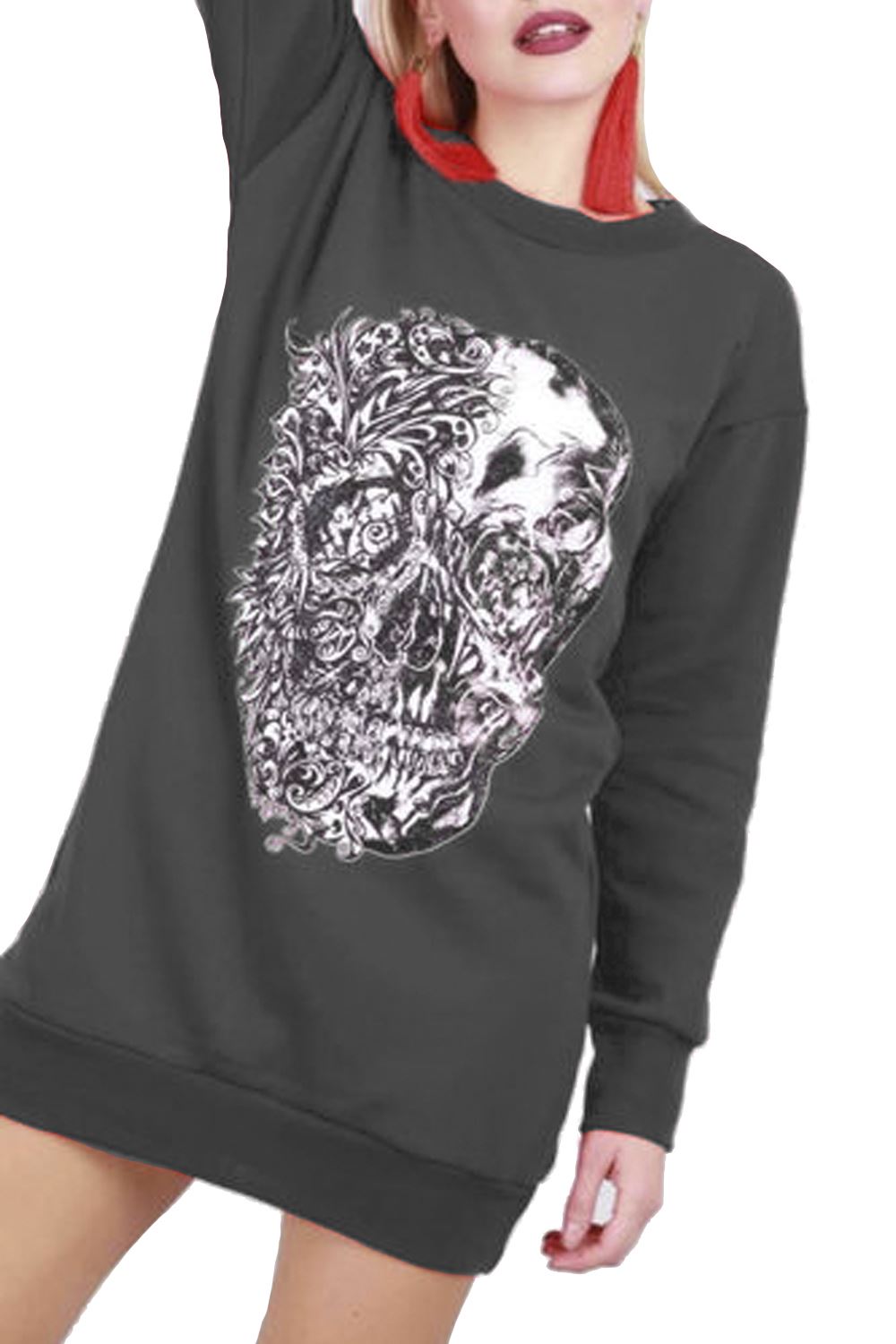 Womens Ladies Flowers Skull Fleece Halloween Long Sweatshirt Tunic Mini Dress - Picture 11 of 22
