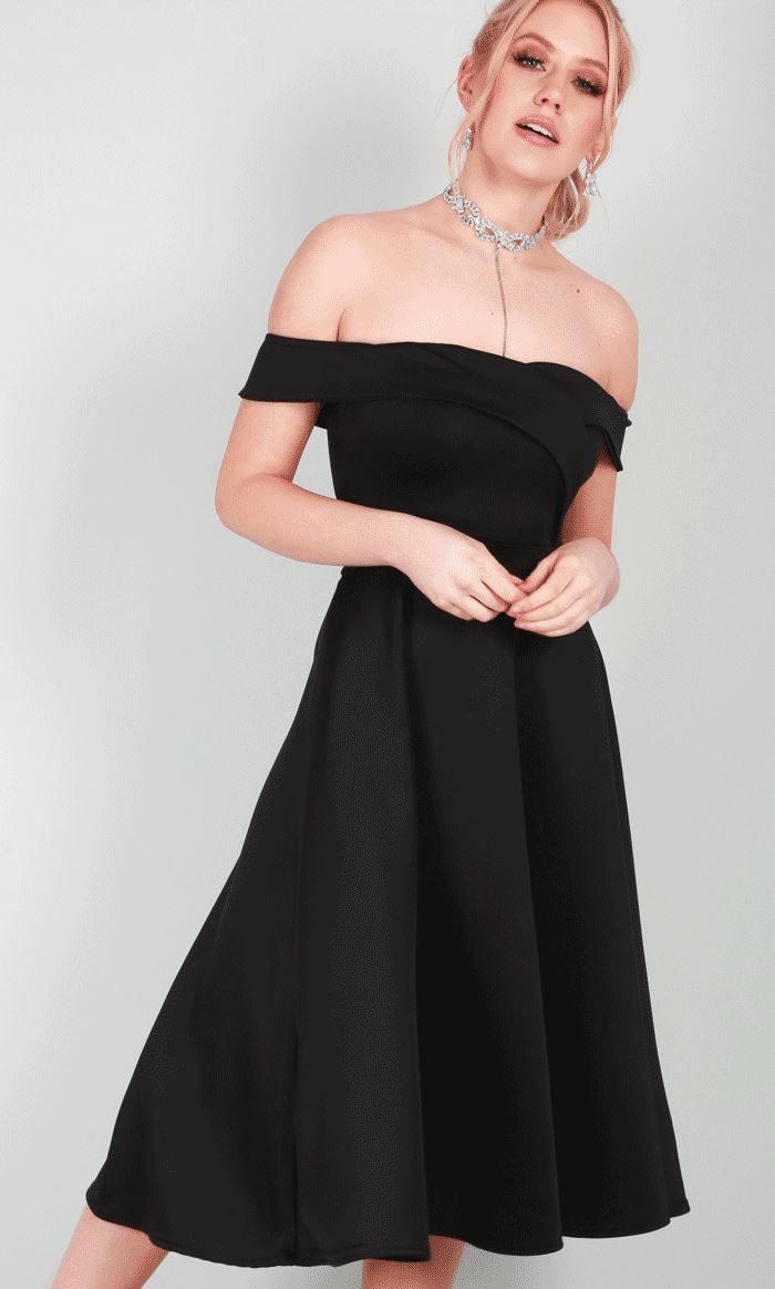 Ladies Scuba V Plunge Neck Swing Womens Cut Out Shoulder Midi Skater Dress Top