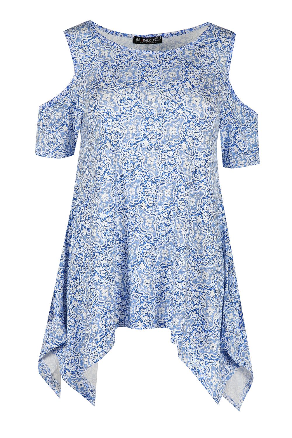 Womens Floral Cap Sleeve Ladies Cold Cut Shoulder Hanky Hem Baggy Oversized Top - Picture 11 of 58