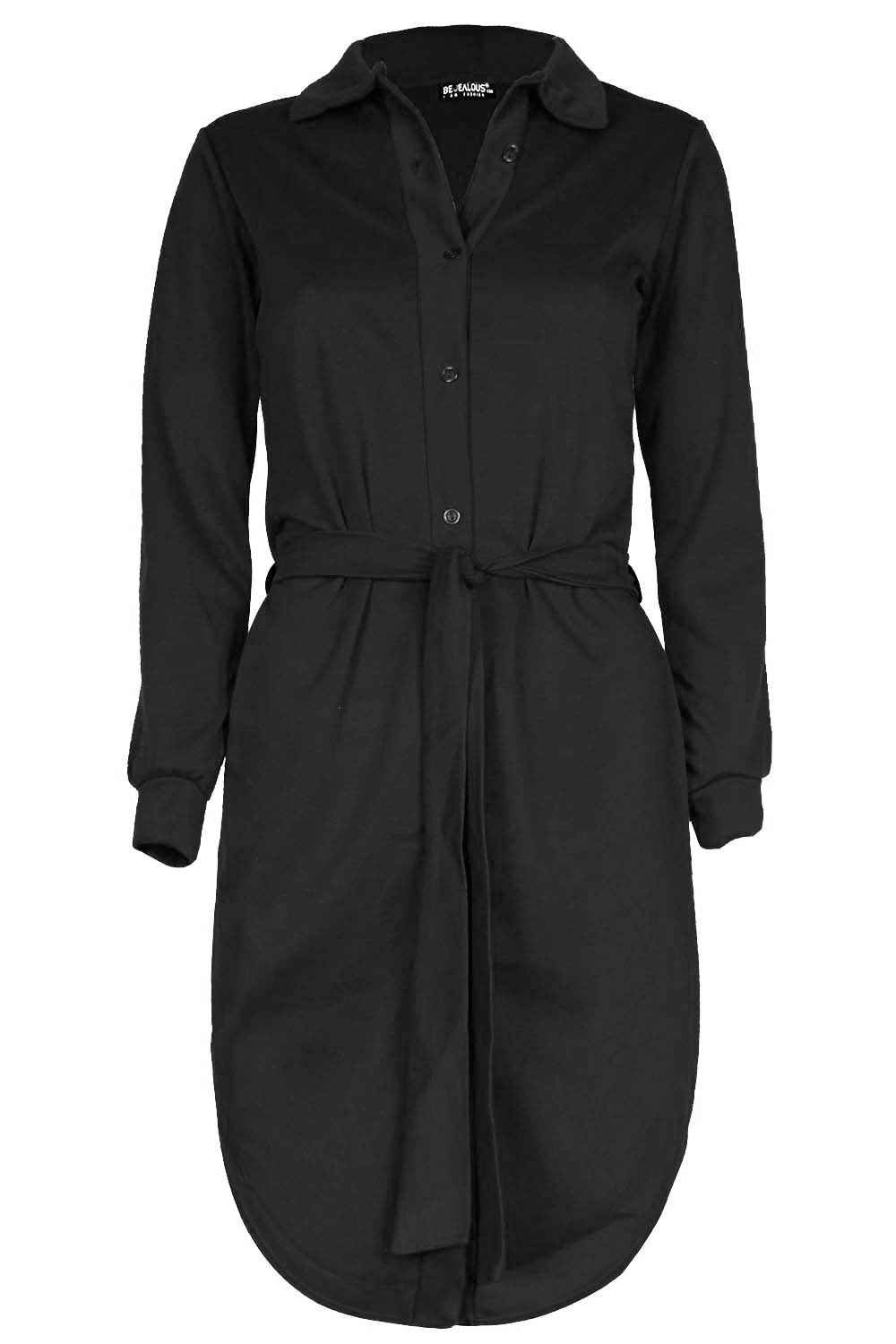 Women Ladies Collared Curved Hem Long Sleeve Button Down Belted Mini