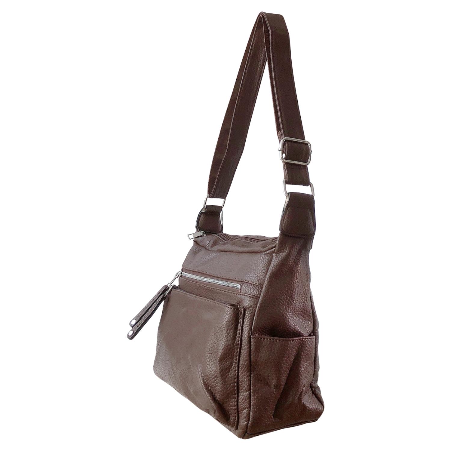 Ladies Tan Handbag Faux Leather Shoulder Bag with Multi Compartments & Strap - Picture 19 of 30