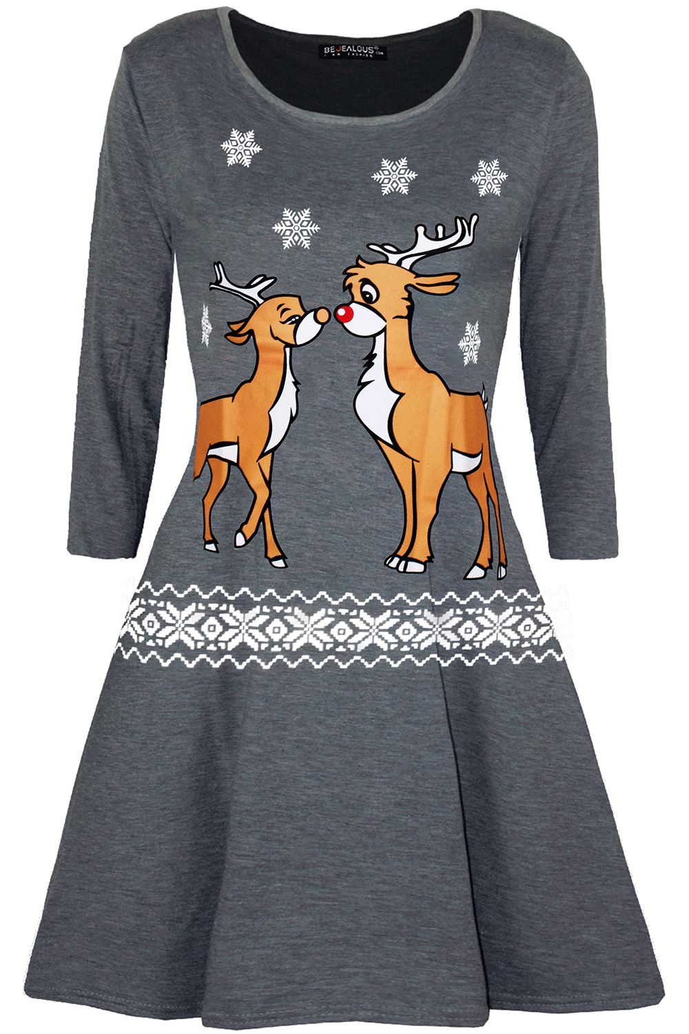 Kids Xmas Kissing Reindeer Snowflakes Aztec Print Christmas Girls Swing Dress - Picture 187 of 187